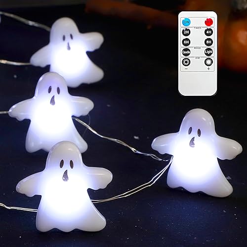 Miniatura 7 de Guirnalda de luces de fantasmas de Halloween, funciona con pilas, 10 pies, 30 luces LED de hadas blancas frías con control remoto, decoración de