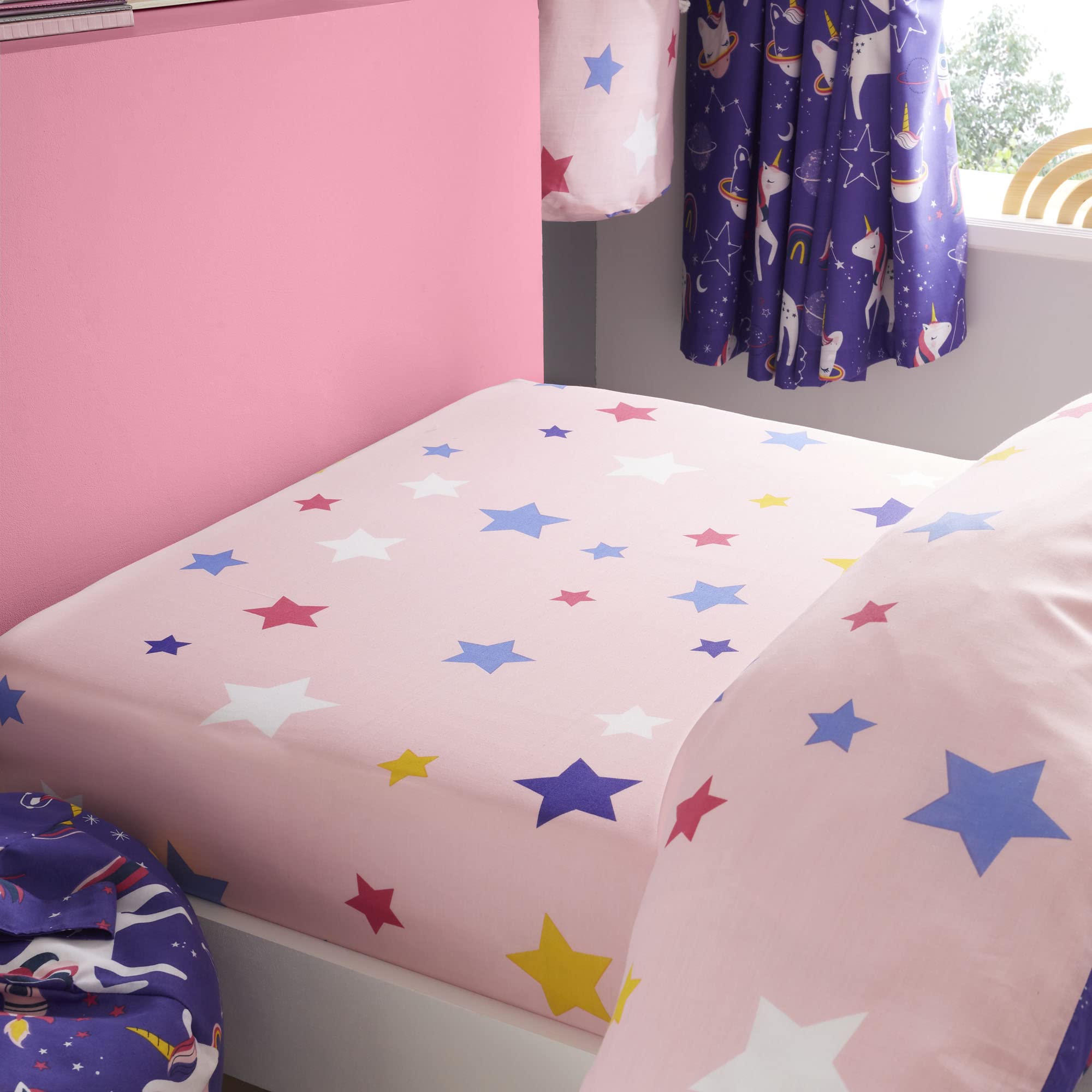 Happy Linen Company Girls Kids Space Unicorn Purple Toddler Cot Bed Fitted Sheet