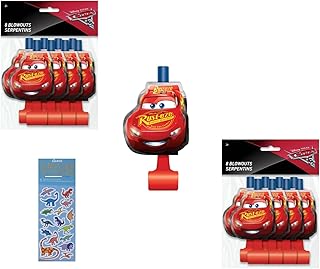 Cars Birthday Party Supplies Bundle includes 16 Party Blowouts and 1 Dinosaur Sticker Sheet