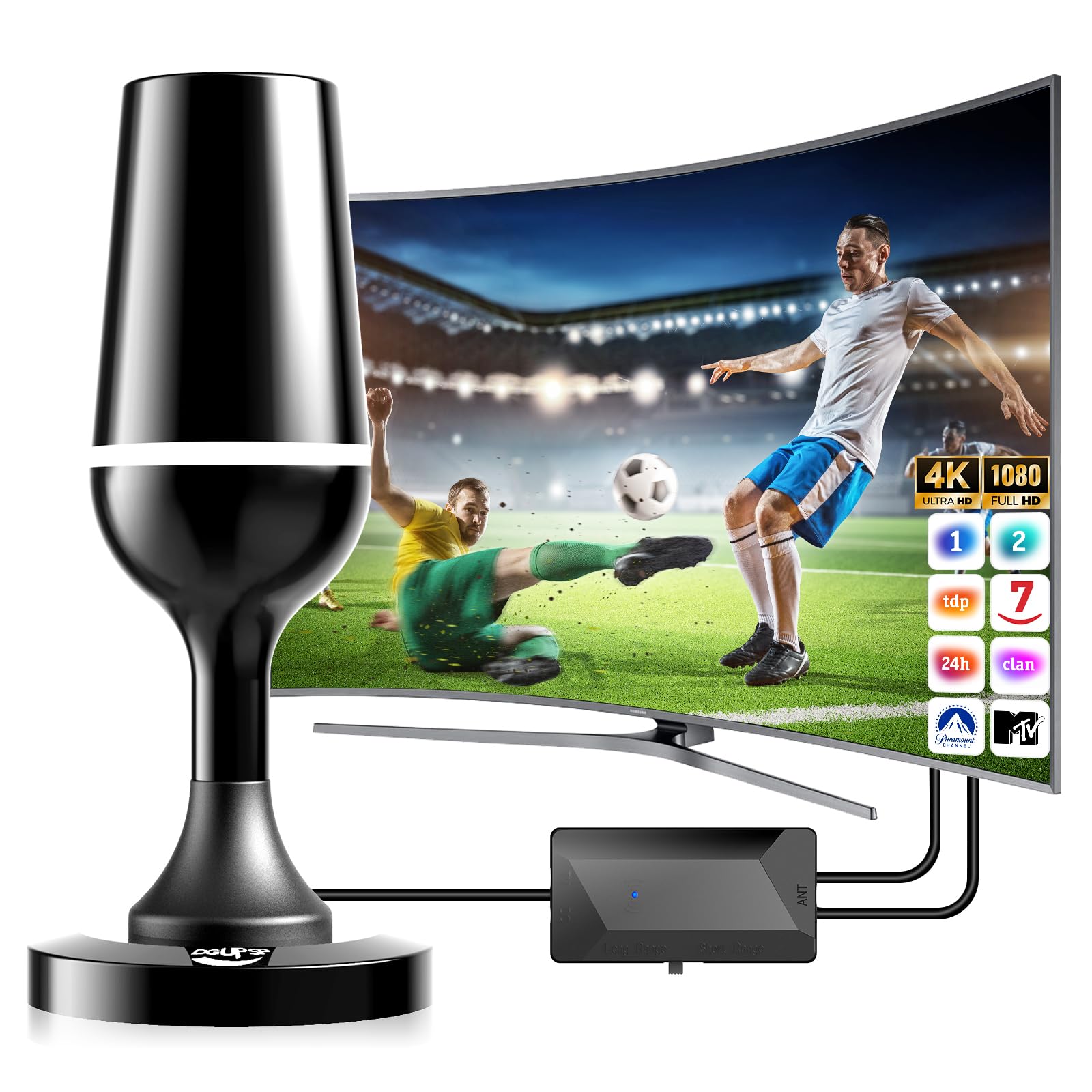 Antena TV Interior, Antena TDT para Smart TV, Antena TV Portatil con Amplificador y Base Magnética, 80KM+ Recepción de Larga Distancia, Compatible con 4K 1080P (VHF/UHF/DVB-T/DVB-T2)