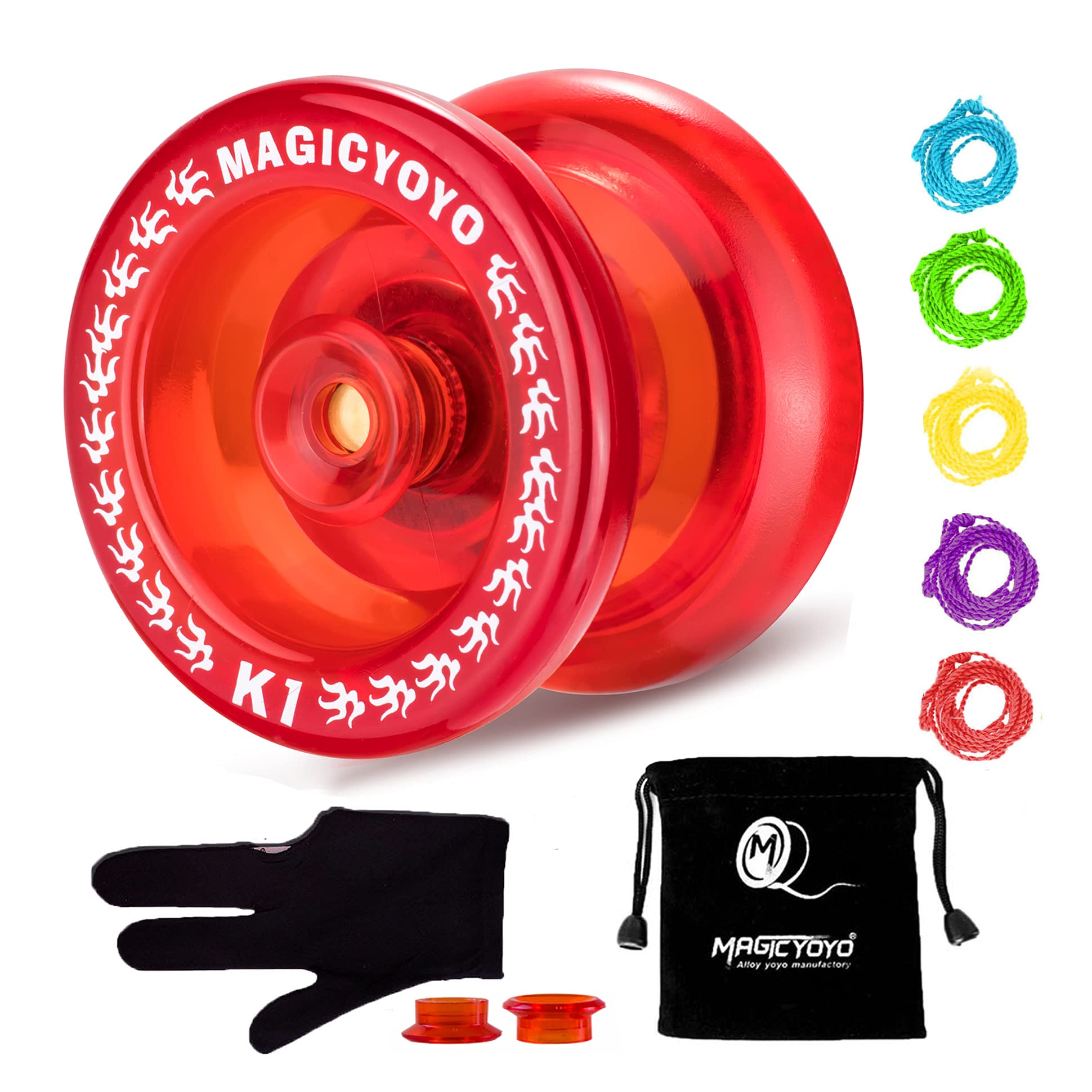 MAGICYOYO K1 Plastic Responsive YoYo with 1 Yoyo Sack + 5 Strings and 1 Yo-Yo Glove Gift, Entertaining Yoyo for Kids and Beginner Birthday Party (Crystal Red)
