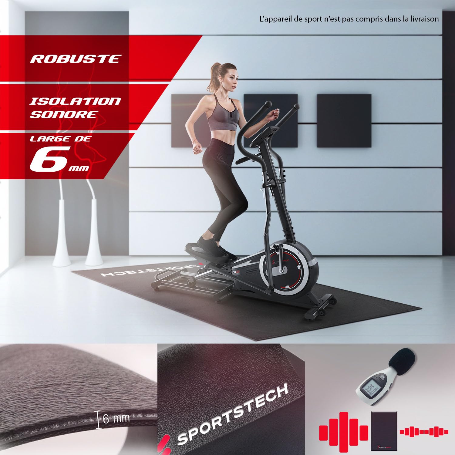 Tapis de sol pour vélo d'exercice physique de 4-6 mm- tapis multifonction sport, protecteur de plancher, tapis de fitness noir pour grande stabilité, anti-dérapant pour le yoga disponible en 4 tailles
