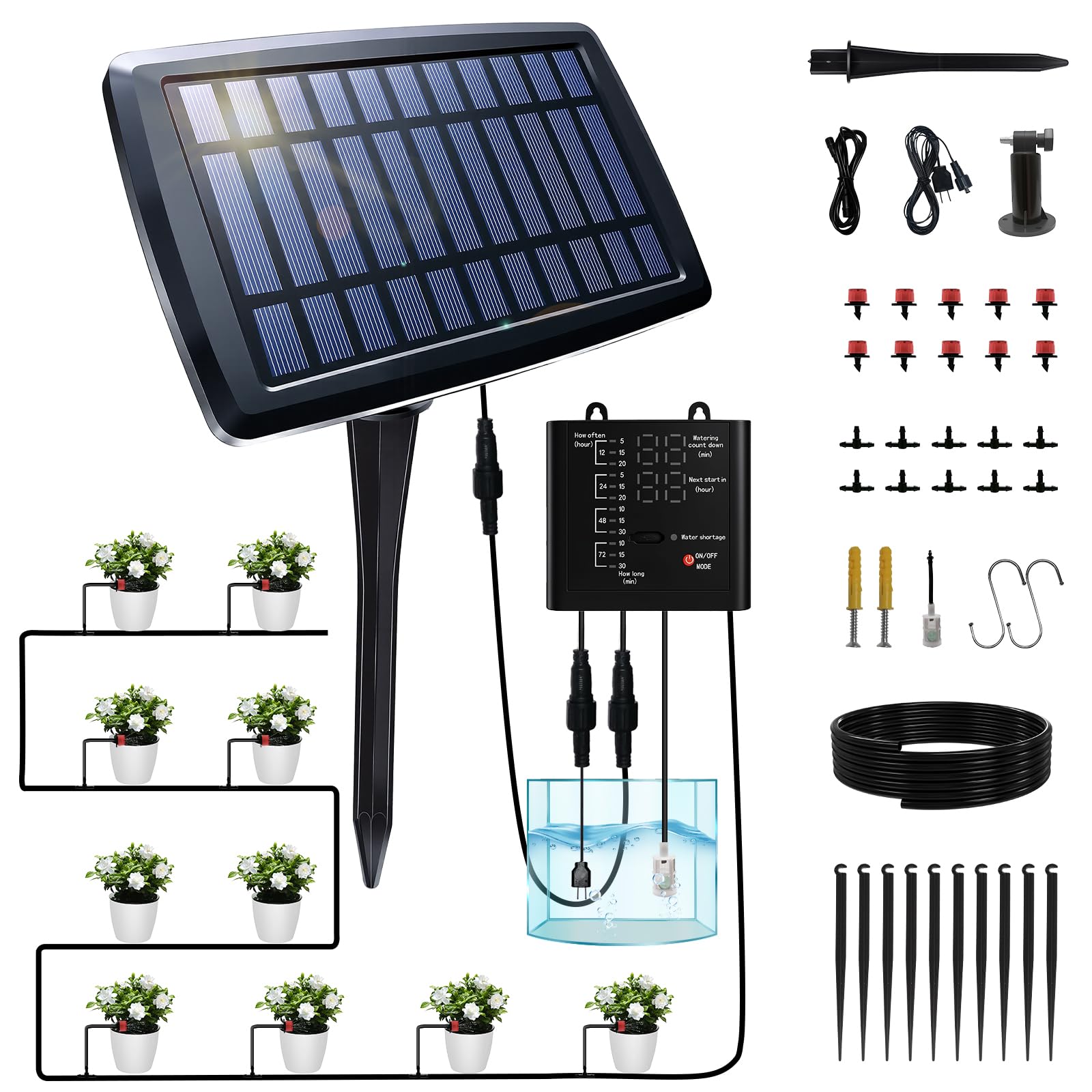 Sistema solar de riego por goteo para 10 plantas en maceta, kit de riego automático con manguera de 32 pies y 10 goteadores, temporizador inteligente y alarma de agua baja, riego automático