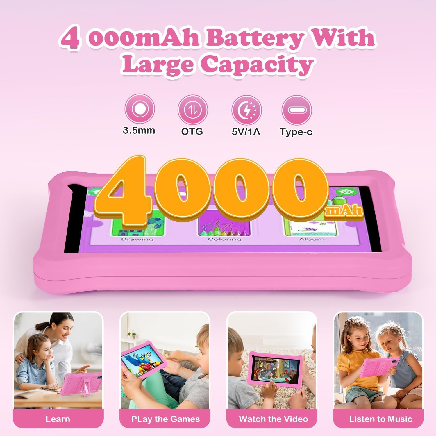 Tablet bambini 7 pollici con Controllo Parentale, Android 13, Schermo IPS, 8GB RAM 64GB ROM(256 GB Espandibile), WiFi, App Pre-installed, Doppia fotocamera, Tablet Educativo con Custodia (Rosa)