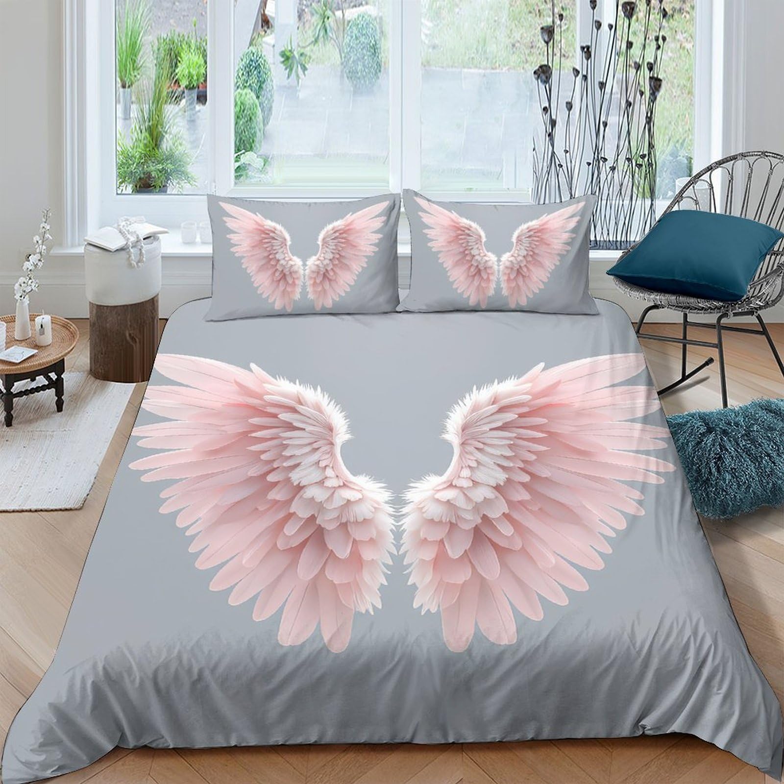 GPLZQXKJNH 3D Printed Pink Angel Wings Duvet Cover Microfiber Soft Breathable Bedding Set with 2 Pillowcases for Bedroom Decor Single（135x200cm）