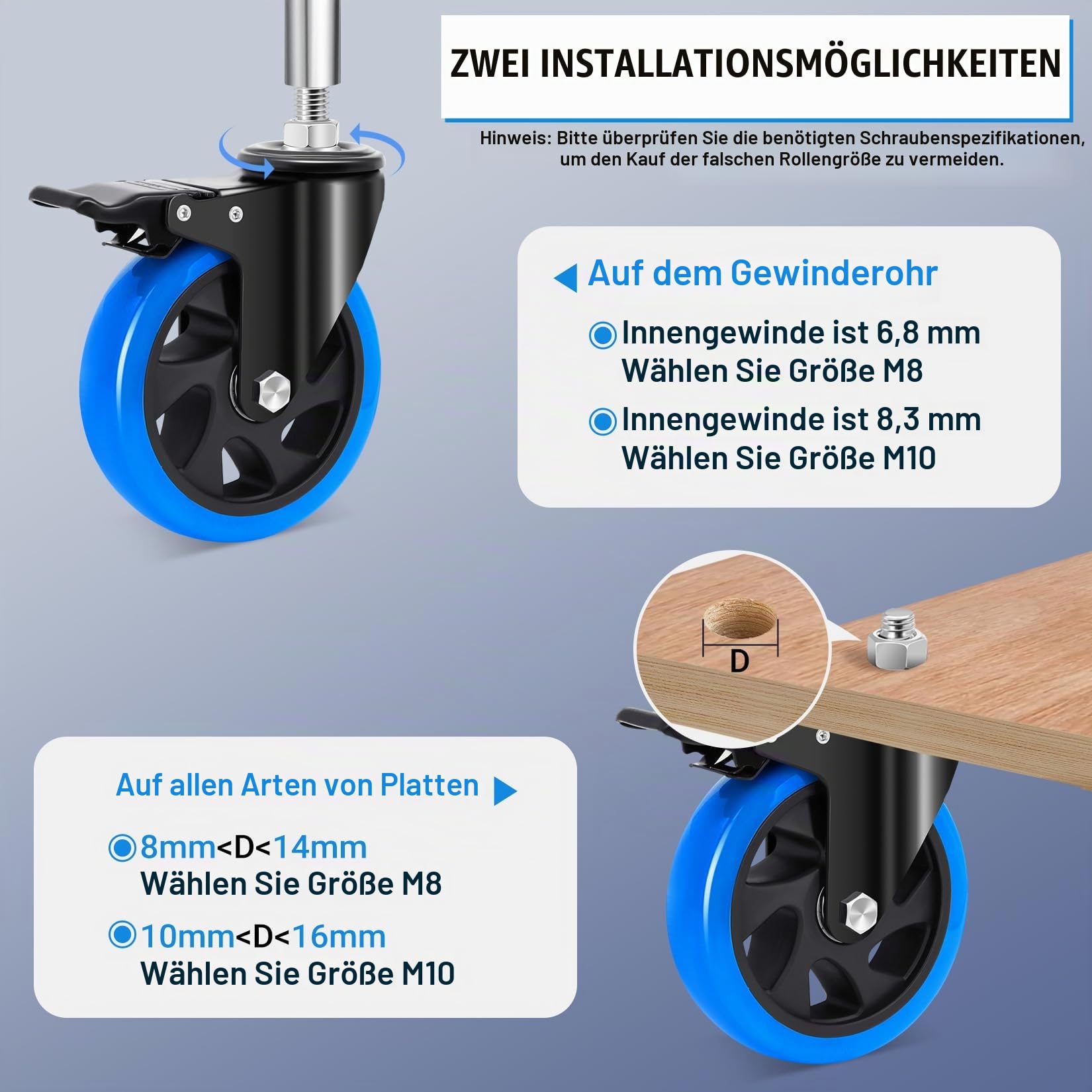 125mm Möbelrollen mit Bremse, M10 x 1,5x 30mm (Schaftdurchmesser 9.5mm, Schaftlänge 30mm), Rollen für Möbel Tragfähigkeit 800KG, Schwerlastrollen Lenkrollen für Möbel, Transport, Gasgrill