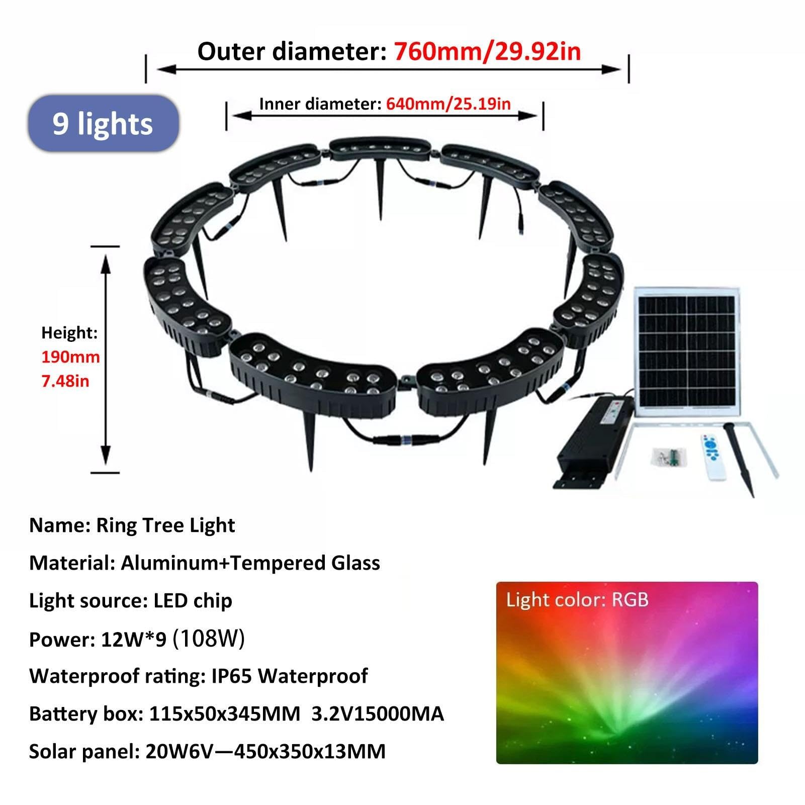 Luci Per Albero Ad Anello Solare RGB, Luce LED Con Telecomando Per Giardino