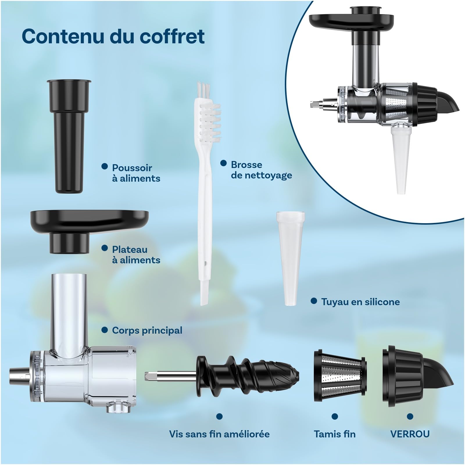 Extracteur de Jus pour KitchenAid von MMOBIEL – Accessoire de Slow Juicer à Froid, Extracteur de Jus de Fruits et Légumes – Avec Poussoir Alimentaire & Brosse de Nettoyage