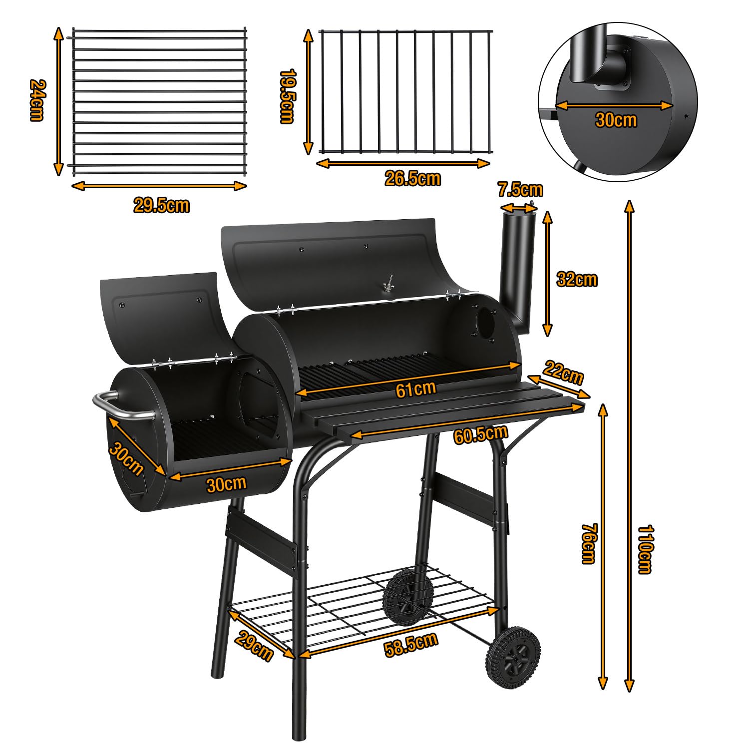 Holzkohle Smoker Grill BBQ mit 2 Kammern, Grillwagen mit Thermometer, Smoker Grill für indirektes Grillen & Räuchern, fahrbarer Garten Grill mit Ablagen, Schwarz