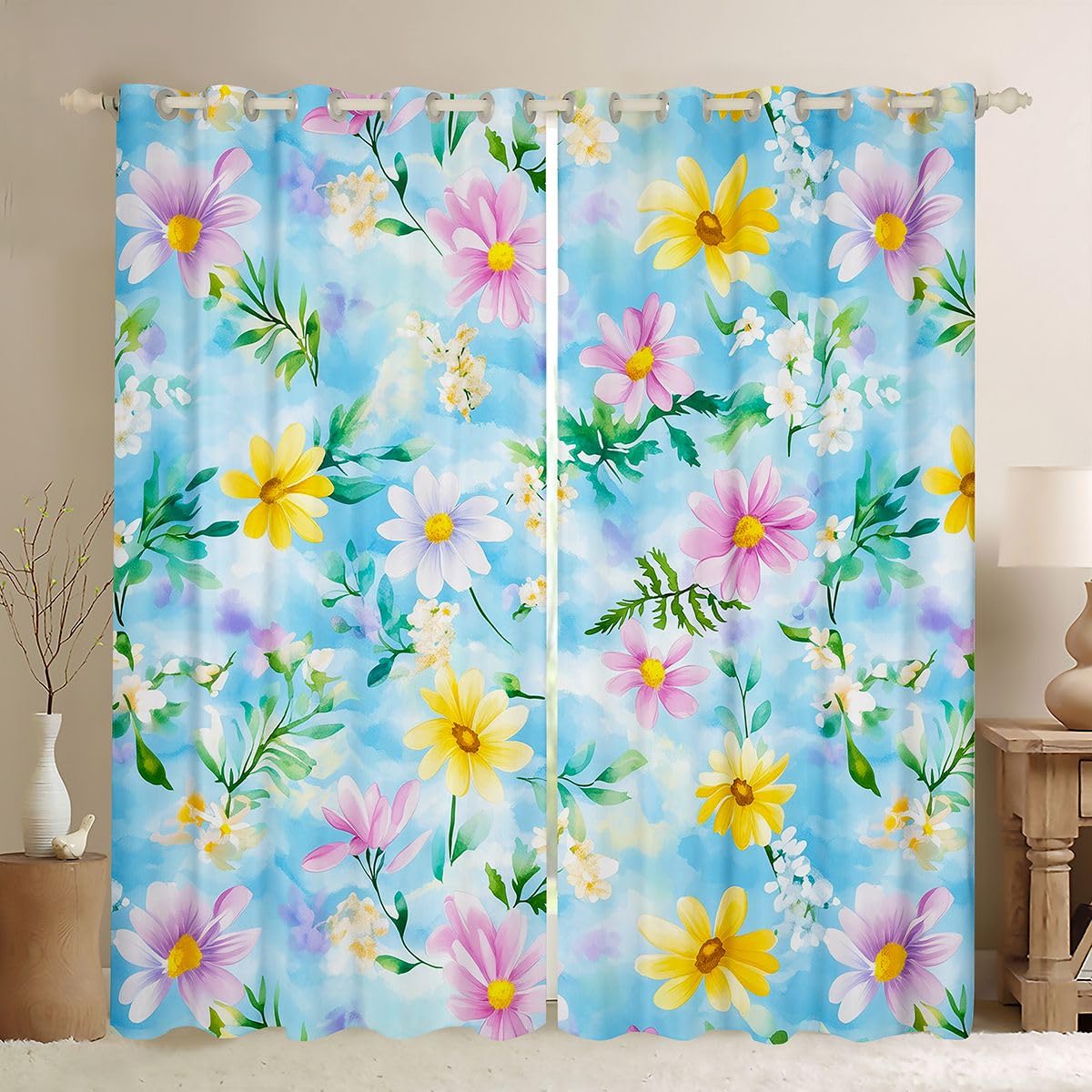 Lot de 2 rideaux de fenêtre XXL - 260 x 140 cm - Aquarelle - Motif fleurs sauvages - Rideaux occultants - Dreamy Sky - Pour adultes et enfants