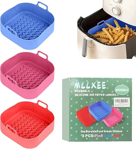 Miniatura 1 de Forros de silicona para freidora de aire, 8 pulgadas, 3 unidades, bandeja de silicona reutilizable y duradera de grado alimenticio, color rosa +