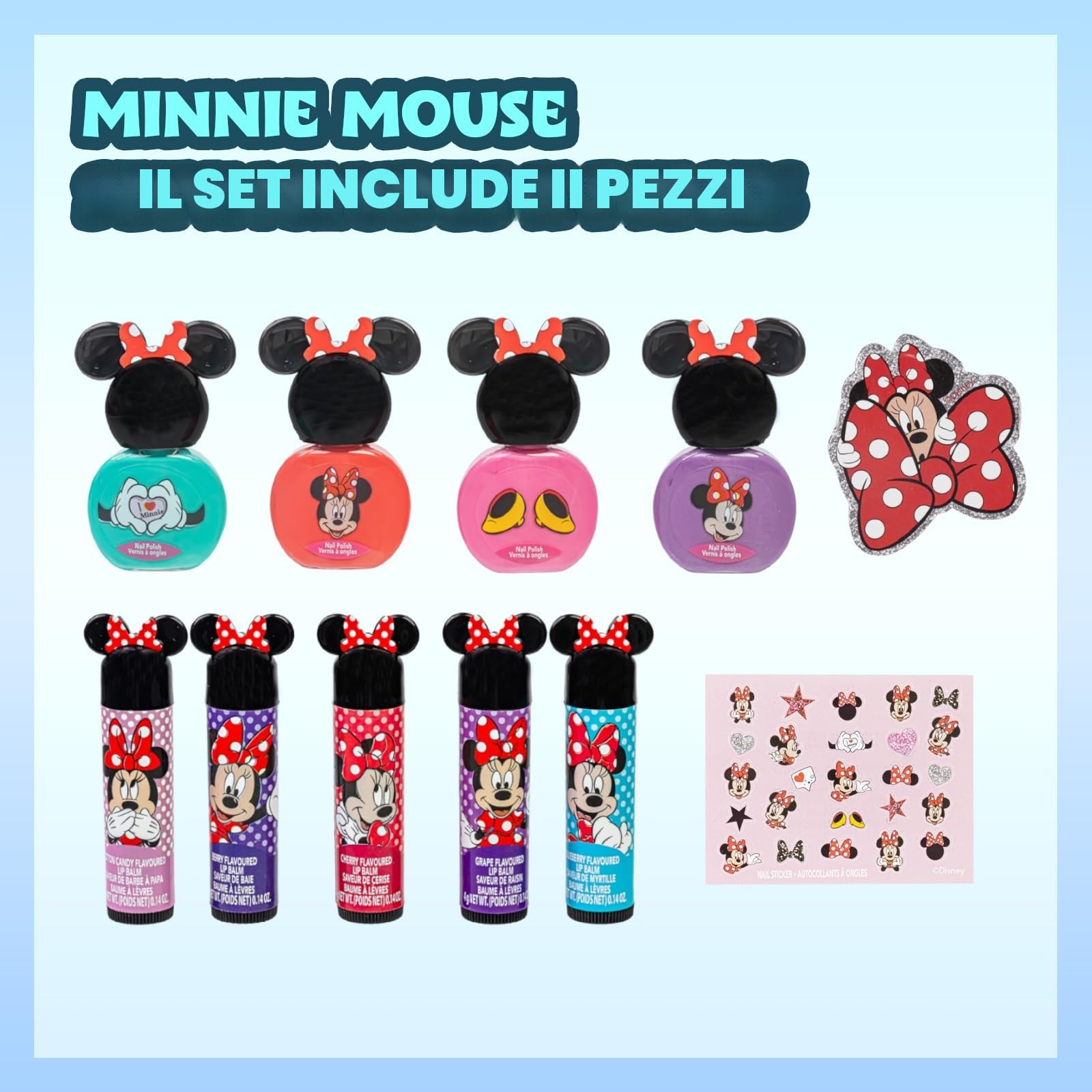 Minnie Mouse Set Trucco Glitter 11 pz Gloss, Smalto e Adesivi Unghie