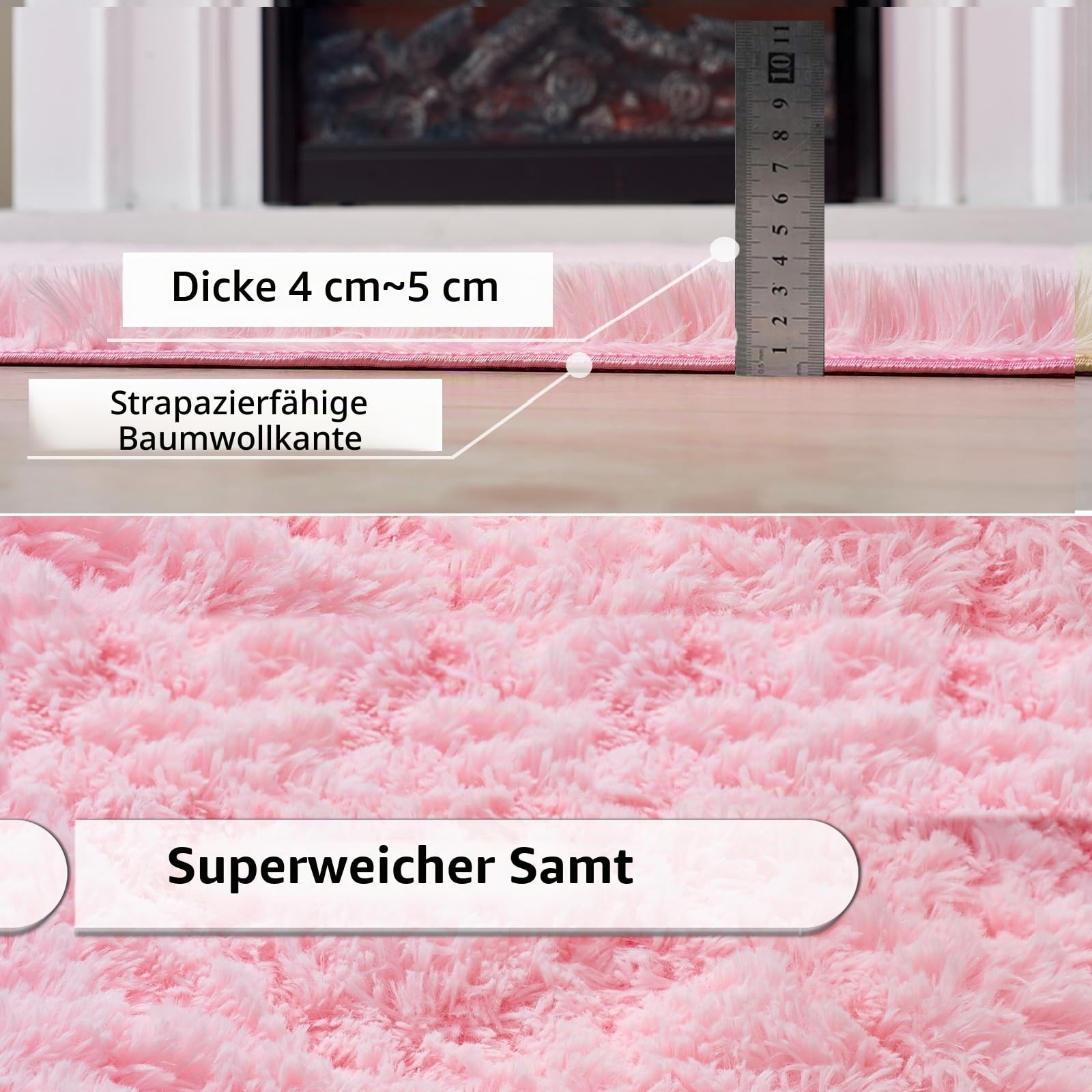 Rosa Waschbarer Hochflorteppich 140x200cm Teppiche für Wohnzimmer | Flauschig, Hochflor 4-5 cm, Hochwertiger Schaumstoff, für Schlafzimmer, Kinderzimmer, Babyzimmer