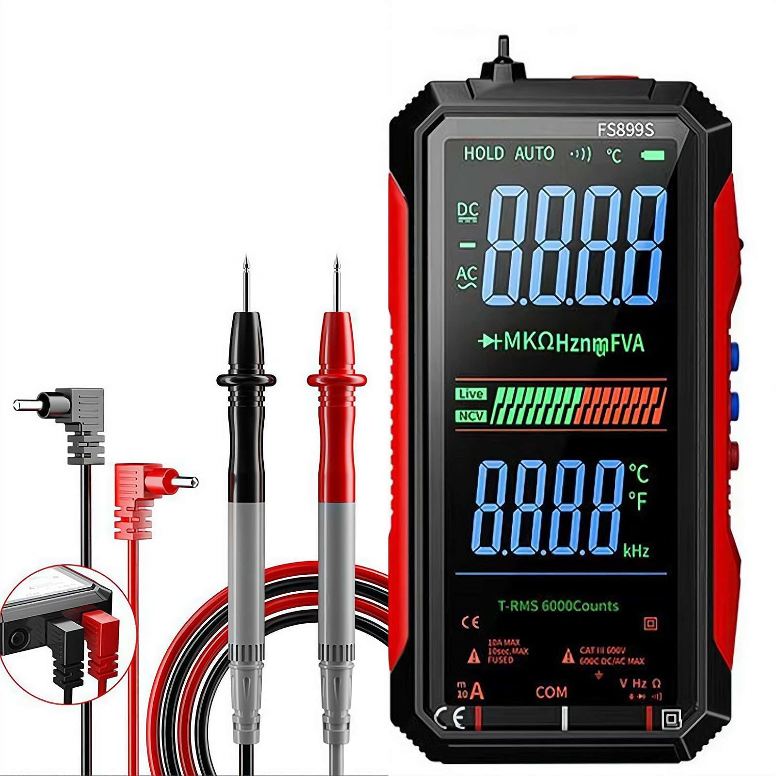 FS899L Digital Multimeter with Color Screen,Digital Multimeter with USB-C Rechargeable Battery,6000 Counts True RMS AC/DC Voltage Tester, NCV, Capacitance, Non Voltage Detector for Car, Home
