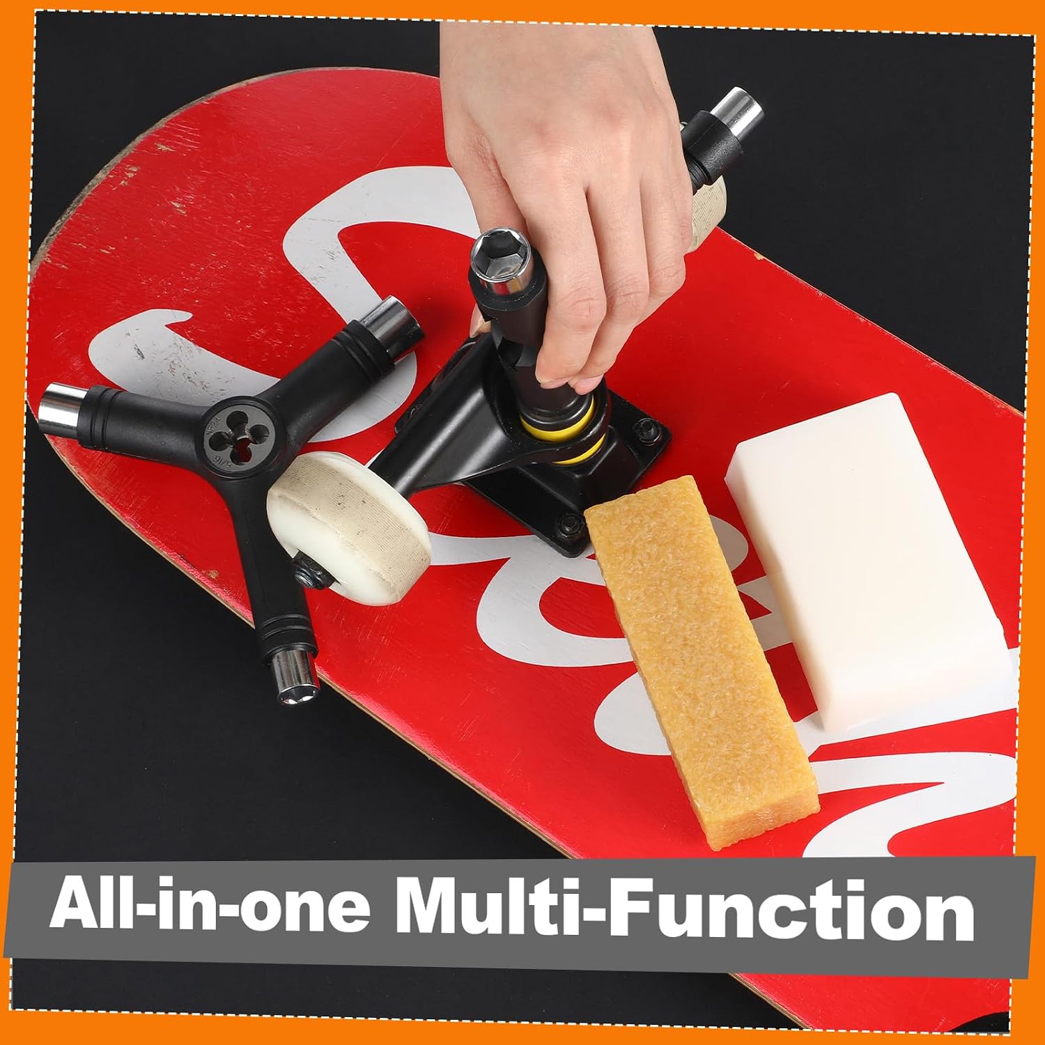 4 Pcs Skateboard Tools Set All-in-one Multi-Function T&Y-Tool Allen Key with L-Type Head Screwdriver Skateboard Wax Grip Tape Cleaner for Skate, Longboard, Roller Skate