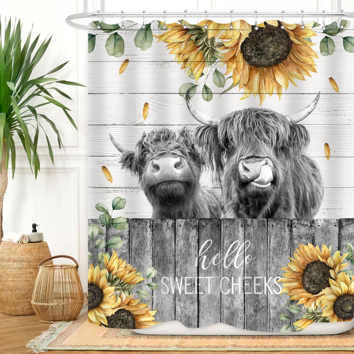 ZXMBF Farmhouse Highland Cow Shower Curtain Funny Cattle Farm Western Wooden Fence Rustic Sunflower Decor Country Home Bathroom Decor Waterproof