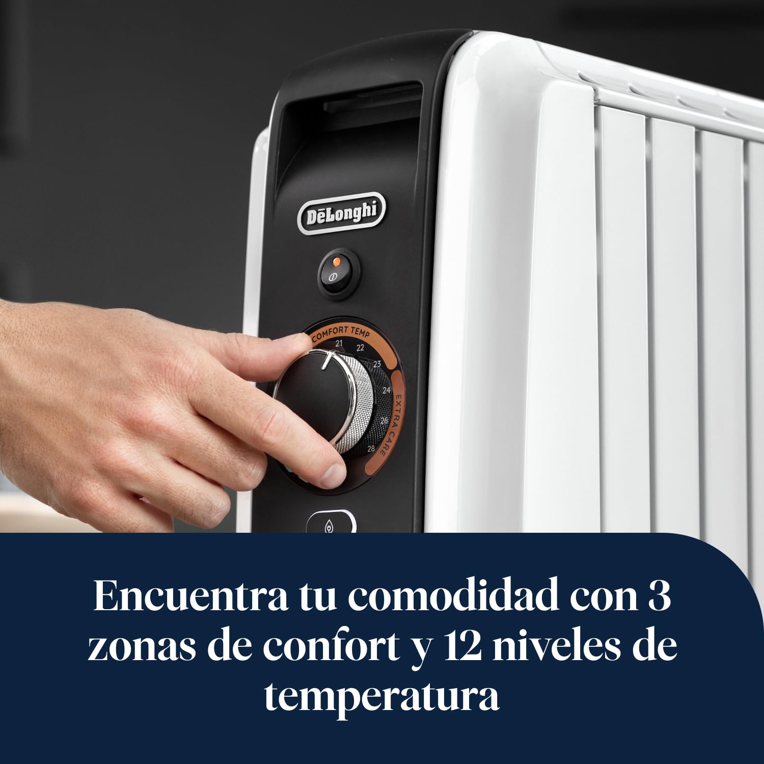 De'Longhi Dragon EasyTronic – Radiador de Aceite para Estancias hasta 75 m³, Calefactor Eléctrico con Termostato de Seguridad, 10 Aletas, Calefacción con 12 Niveles, Portátil, 2500W, Blanco (TRD51025)