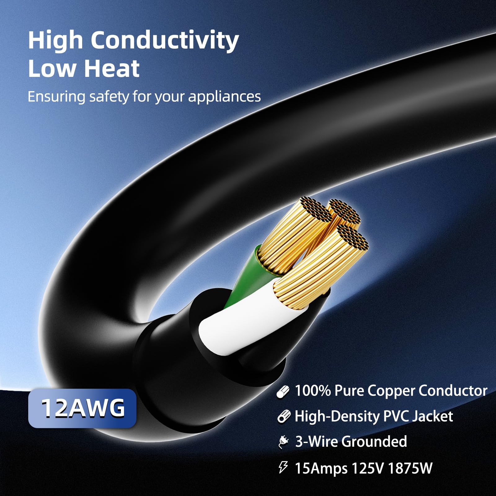 Cable de extensión para exteriores, 25 m, multienchufe, calibre 12, impermeable, color negro, cable de extensión con 3 enchufes, cable de alimentación de 3 pines para luz indicadora