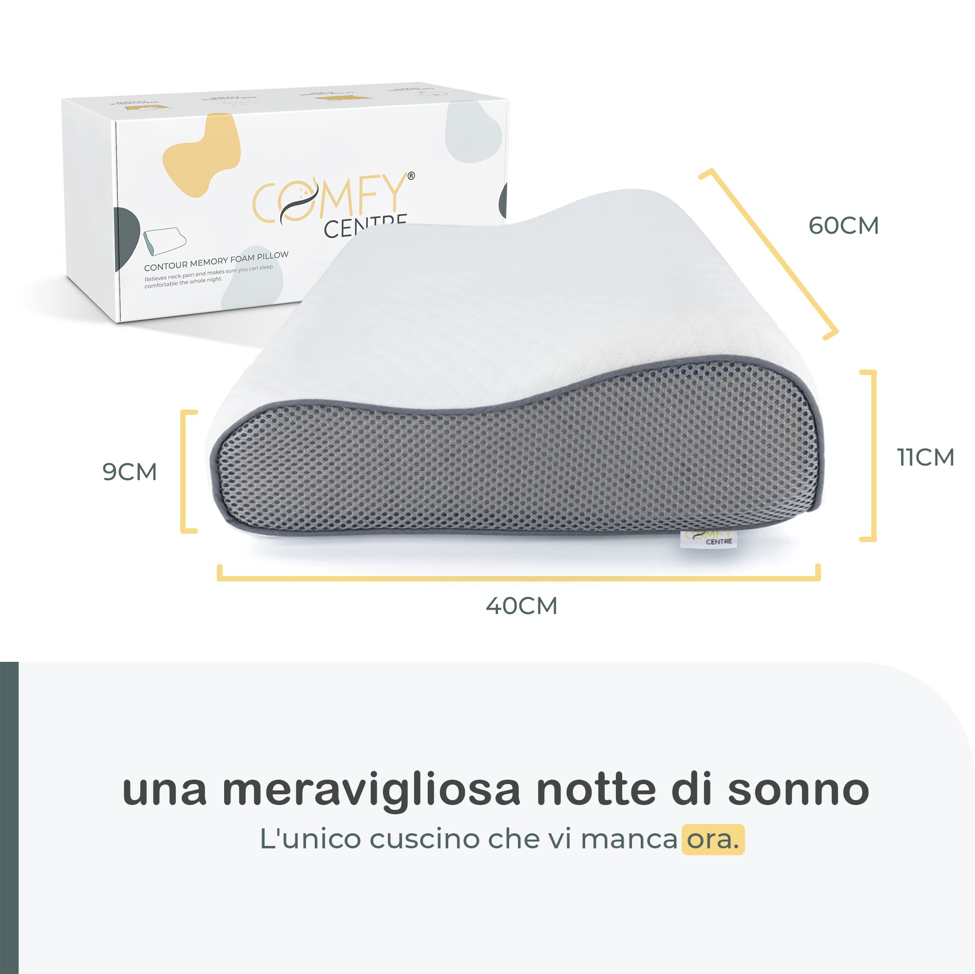 COMFYCENTRE® Cuscino Di Sostegno Per Il Collo In Memory Foam Di Alta Qualità - Cuscino Ergonomico - Cuscino Ortopedico Per Il Collo - Perfetto Per Chi Dorme Di Lato E Per Chi Russa