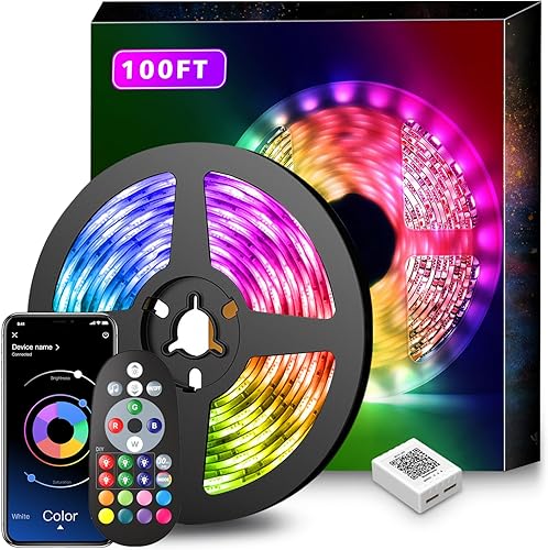 Tira de luces LED de 50 pies sincronización de música cambio de color tira LED RGB con control remoto de 44 teclas micrófono integrado sensible