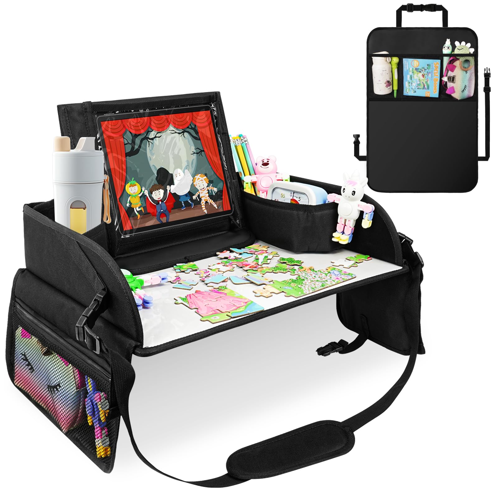 Adiwo Rückenlehnenschutz Auto Kinder und Reisetisch Auto Kinder, Rückenlehnen Schutzmatte mit Netztaschen, Reisetisch Kindersitz Spiel, Knietablett mit Zeichenbrett