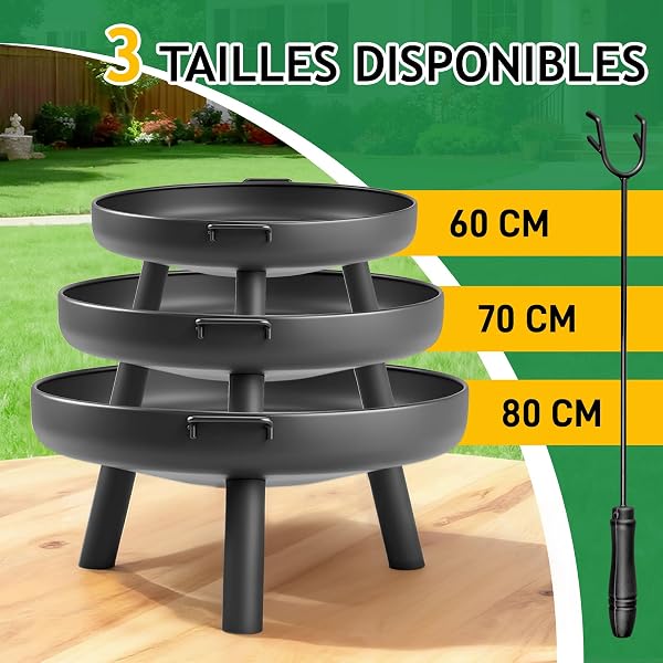 LEADZM Brasero Ø70 cm en Fer | avec 2 Poignées Stables + Crochet À Feu, Panier À Feu pour Bois & Charbon, Bac À Feu comme Foyer pour Jardin Terrasse Extérieur Feu De Camp,Noir - 5