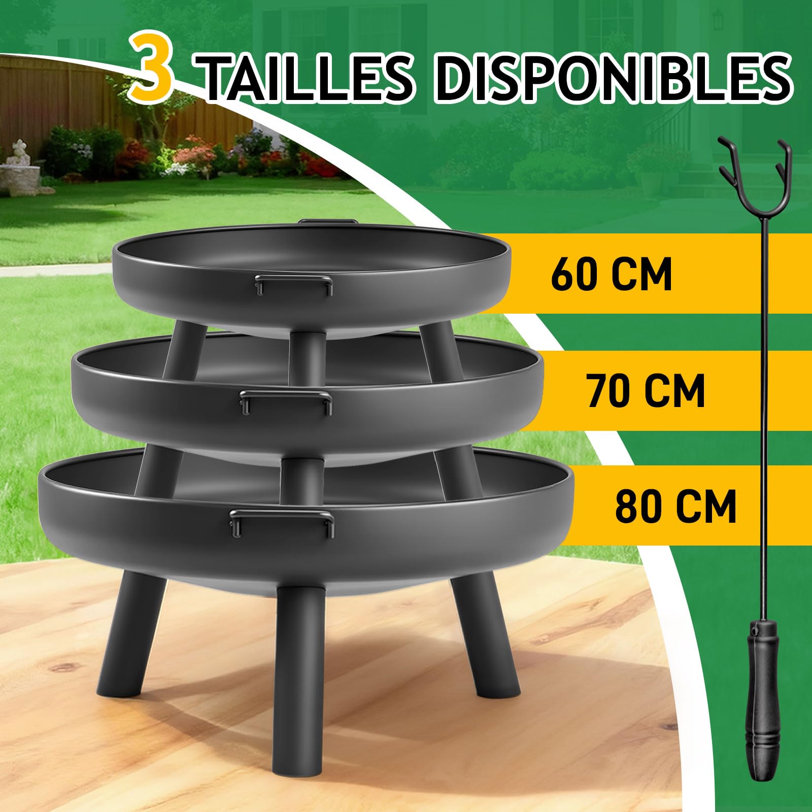 LEADZM Brasero Ø80 cm en Fer | avec 2 Poignées Stables + Crochet À Feu, Panier À Feu pour Bois & Charbon, Bac À Feu comme Foyer pour Jardin Terrasse Extérieur Feu De Camp,Noir