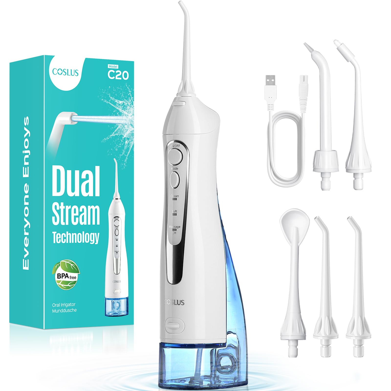 COSLUS Water Dental Flosser Teeth Pick: 2026 Upgraded Portable Cordless Oral Irrigator 300ML Rechargeable Travel Irrigation Cleaner IPX7 Waterproof Flossing Machine for Teeth Cleaning
