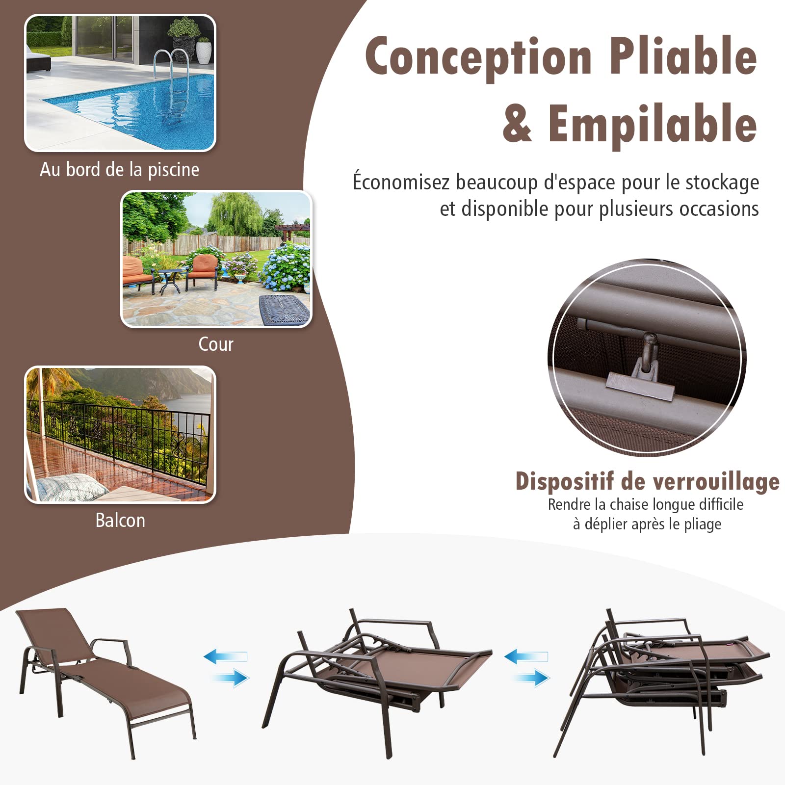 COSTWAY Lot de 2 Chaises Longues Jardin, Dossier à 5 Positions