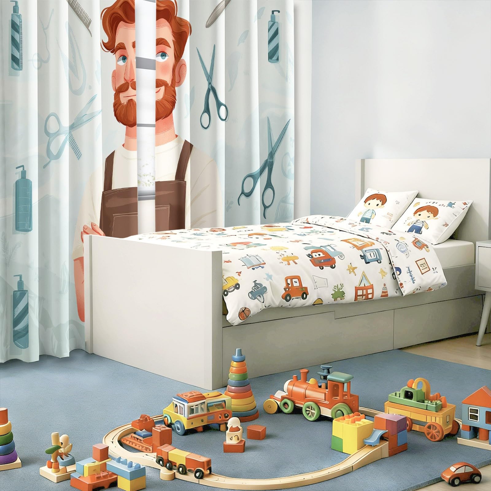 Generisch Cartoon Modern Barber Gardinen Blickdicht - Ideale Länge H215 x B100 cm (2er Pack) ohne Bodenkontakt, Helle Farbe Verdunklungsvorhänge mit Ösen, Thermo & Sichtschutz für Wohnzimmer