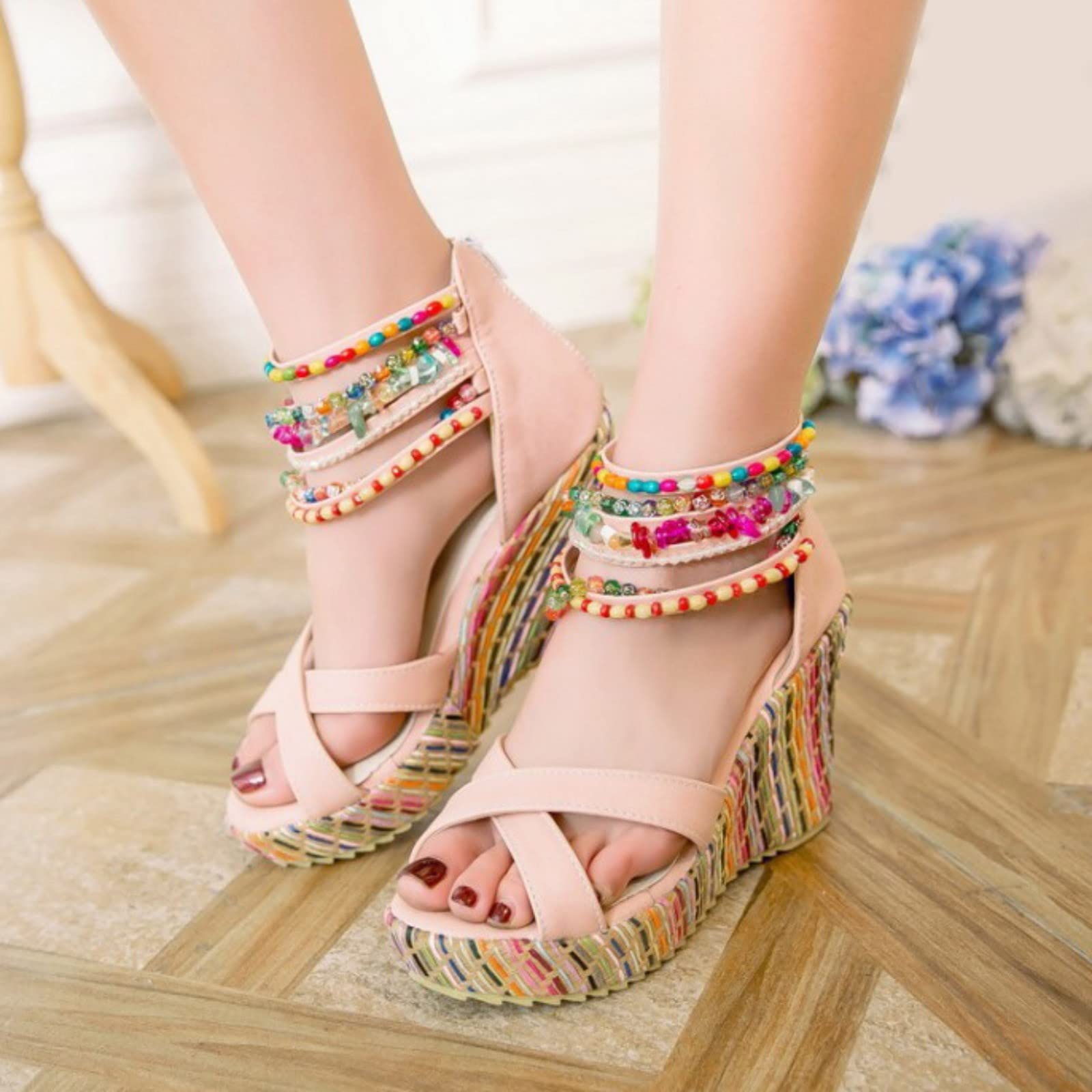 Sandalias De Verano Para Mujer, Nuevo Modelo, Zapatos Cuña Con Cuentas Estilo Bohemio Mujer Corcho Zapatillas Fascitis Plantar Vestir Comodas Calzado Ortopedico Sandalia Comodos Cuñas