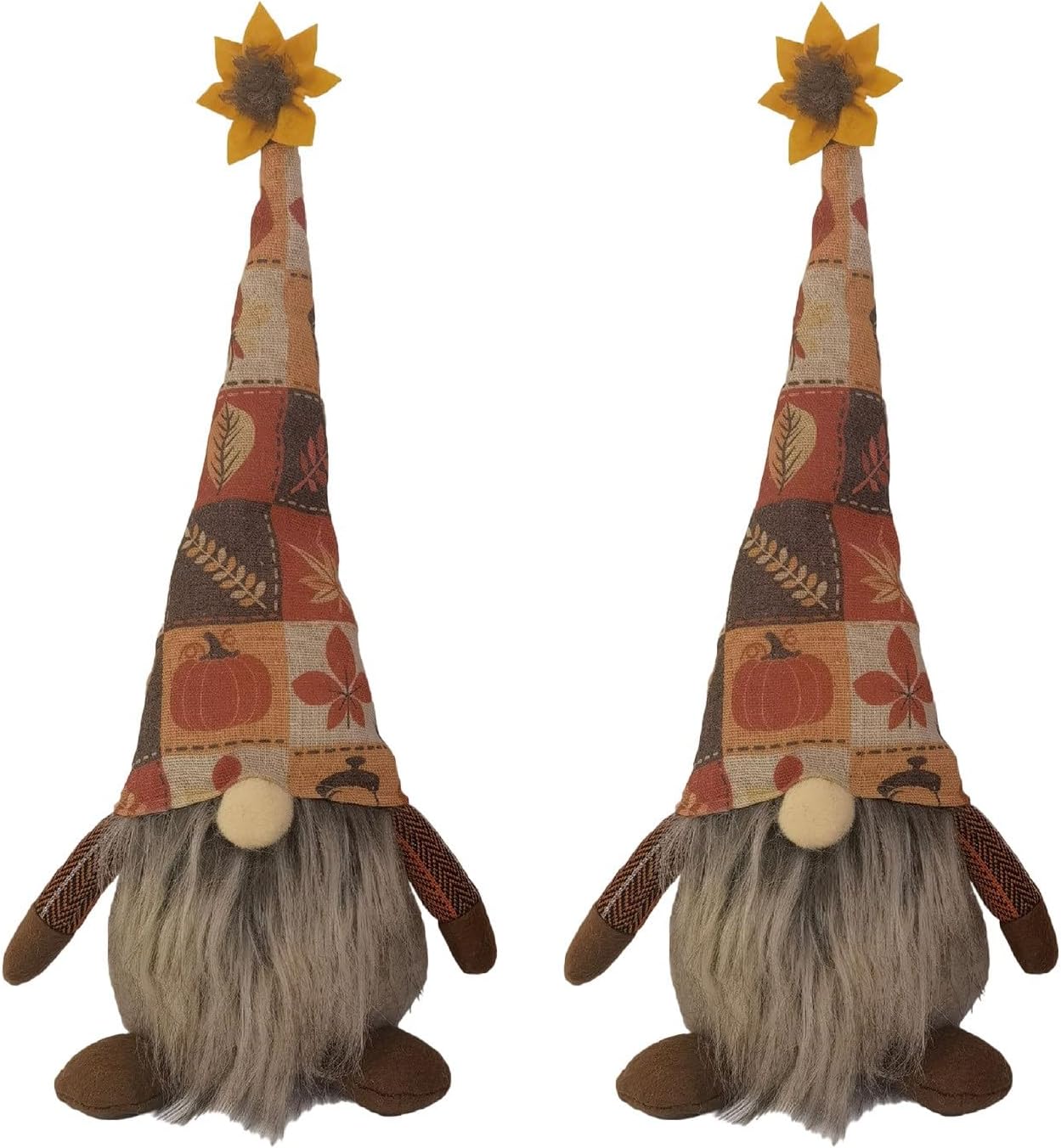 2PCS 14.5inch Thanksgiving Gnome Plush Decorations Handmade Fall Scandinavian Tomte Figurine with Linen Pumpkin Maple Leaf Printed Hat Cute Elf Tiered Tray Decor Autumn Gifts (Brown 1)