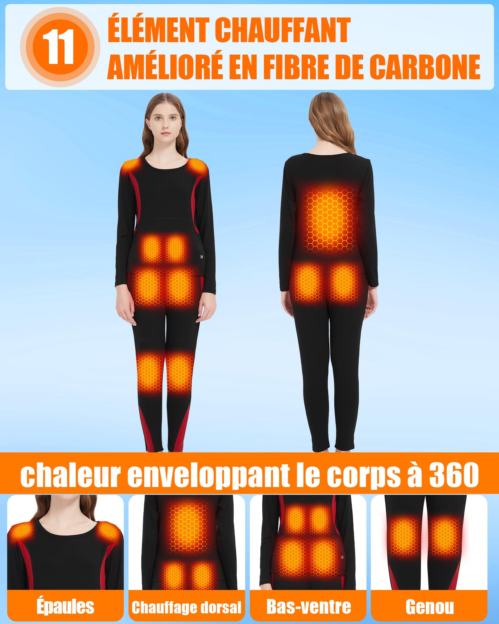 sous-Vêtements Chauffants Homme & Femme – Ensemble Thermique Élastique avec Chauffage Amélioré Et Batterie 7,4V 10000mAh, 3 Niveaux De Chauffe pour
