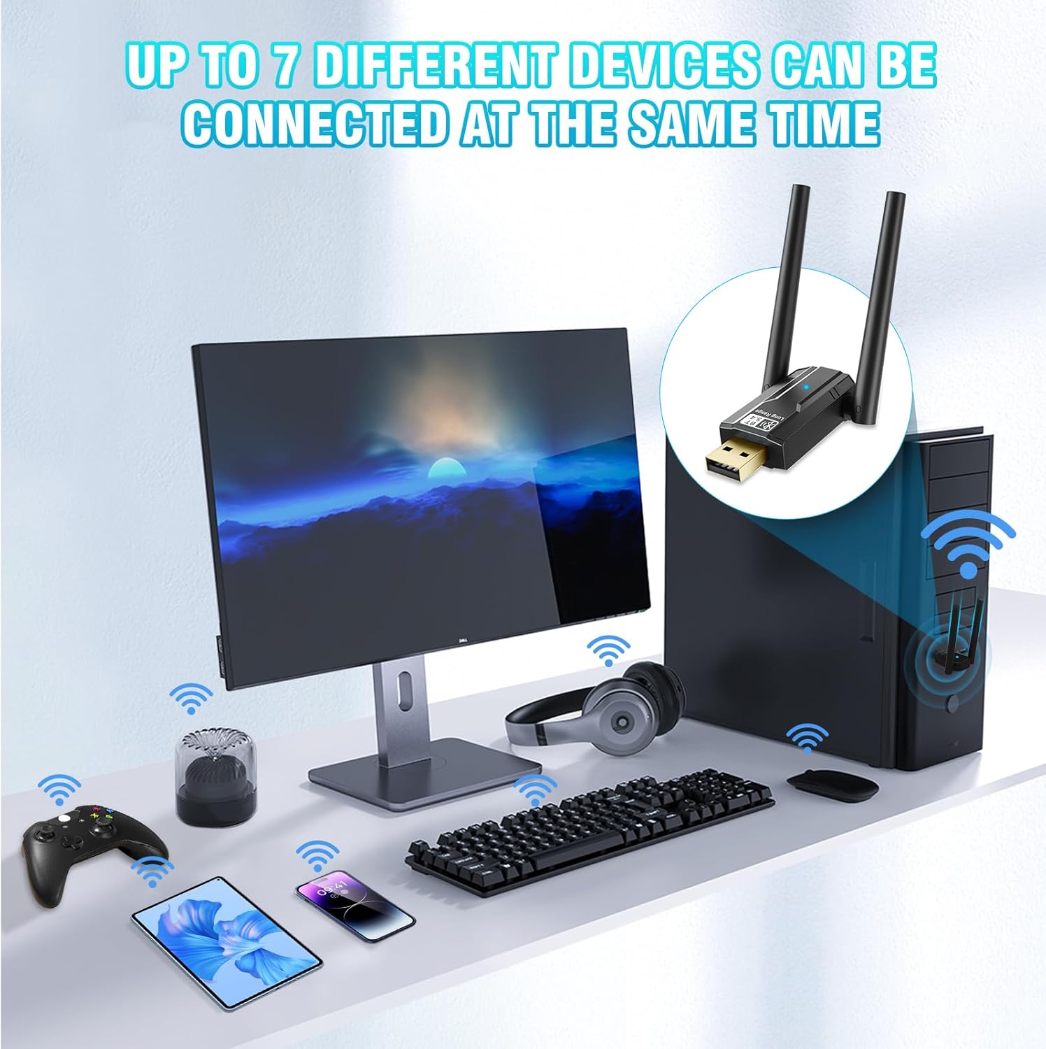 RUIZHI Bluetooth 5.4 USB Dongle connecting to multiple devices like headphones, mouse, keyboard, gamepad, and phone