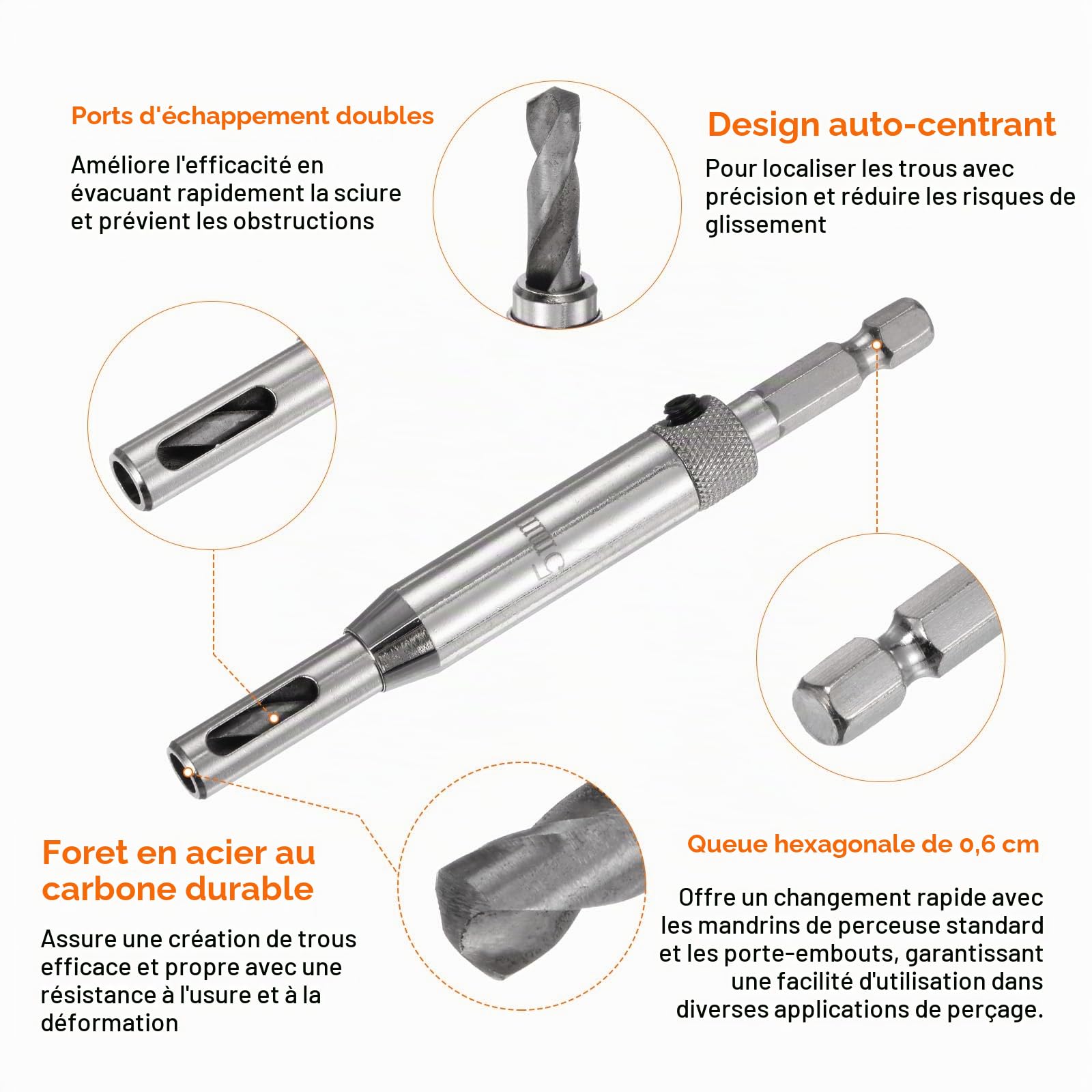QUARKZMAN Ensemble de Forets à Centrage automatique 5mm, Forets à Tige Hexagonale de 1/4" pour le Travail du Bois, avec Clés Hexagonales en Forme de L, Argenté