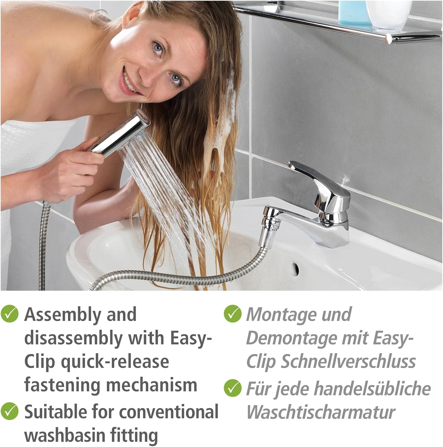 WENKO 81340100 Wash Basin Shower with Duo Hook 170 x 2.7 x 2.7 cm (Hose 150 cm, Hand Shower 20 cm) Polished Silver Brass