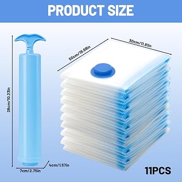 Vacuum Storage Bags 10 Pack - 50x30cm Compact Size, Hand Pump Included, Space Saving Bags for Travel, Clothes & Underbed Organisation, 10 Same Size Bags for Neat Storage