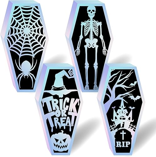 Kreatwow 12 cajas de regalo de ataúd de Halloween para Halloween, lápida láser azul, cajas de regalo de bricolaje, cráneo, araña, truco o trato,