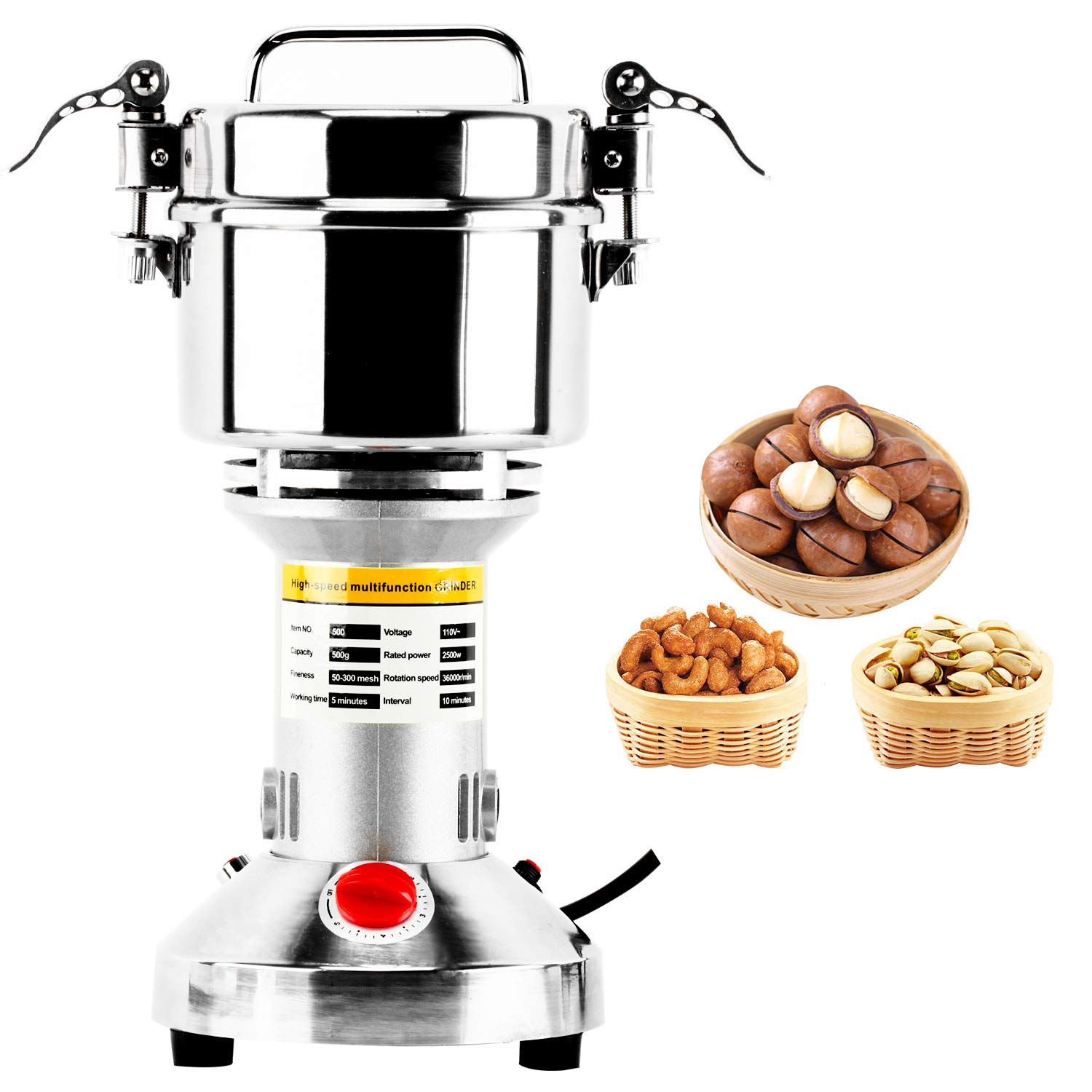 Molinillo eléctrico de grano de alta velocidad de 17.64 oz, molinillo de polvo, molinillo de hierbas de especias, 2500 W, 70-300 malla, acero inoxidable de 36000 rpm, grado comercial para 7