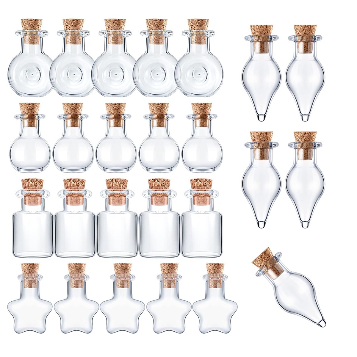 SKYPRO 25Pcs Mini Glass Bottles with Cork Lids, 5 Classic Shapes Tiny Glass Jars, Wishing Bottles, Small DIY Decorative Craft Vials for DIY Crafts Party Weddings Decoration Storage Accessories
