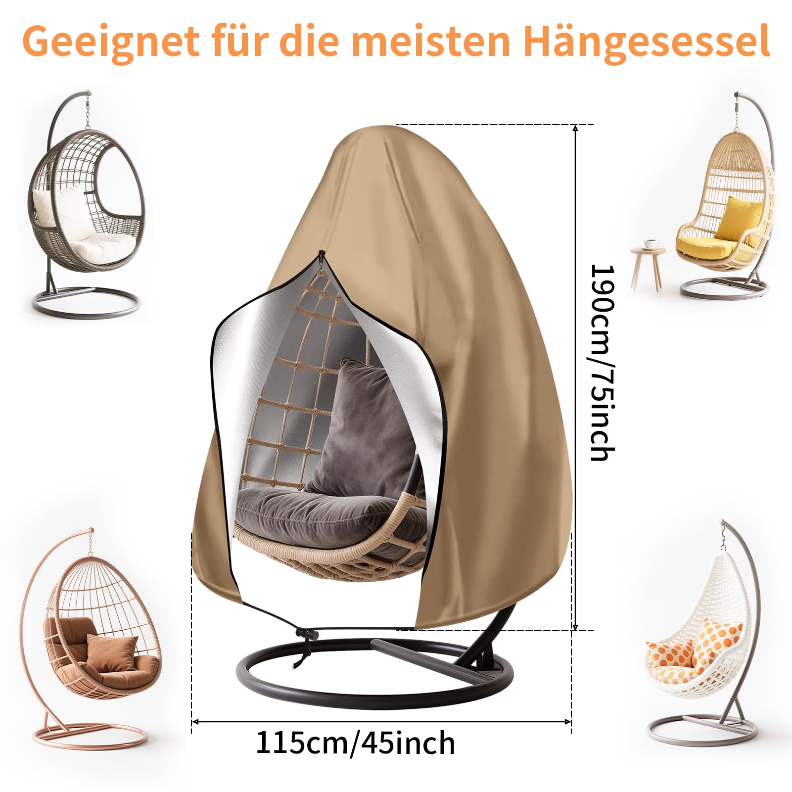 Hängesessel Abdeckung Hängestuhl Schutzhülle B115xH190cm mit Tasche | 3000mm Wasserdicht, UV-Beständig, 210D Oxford Reißfest Stuhlschutz, Abdeckplane für Hängekorb, Terrassen-Eierstuhl-Abdeckung