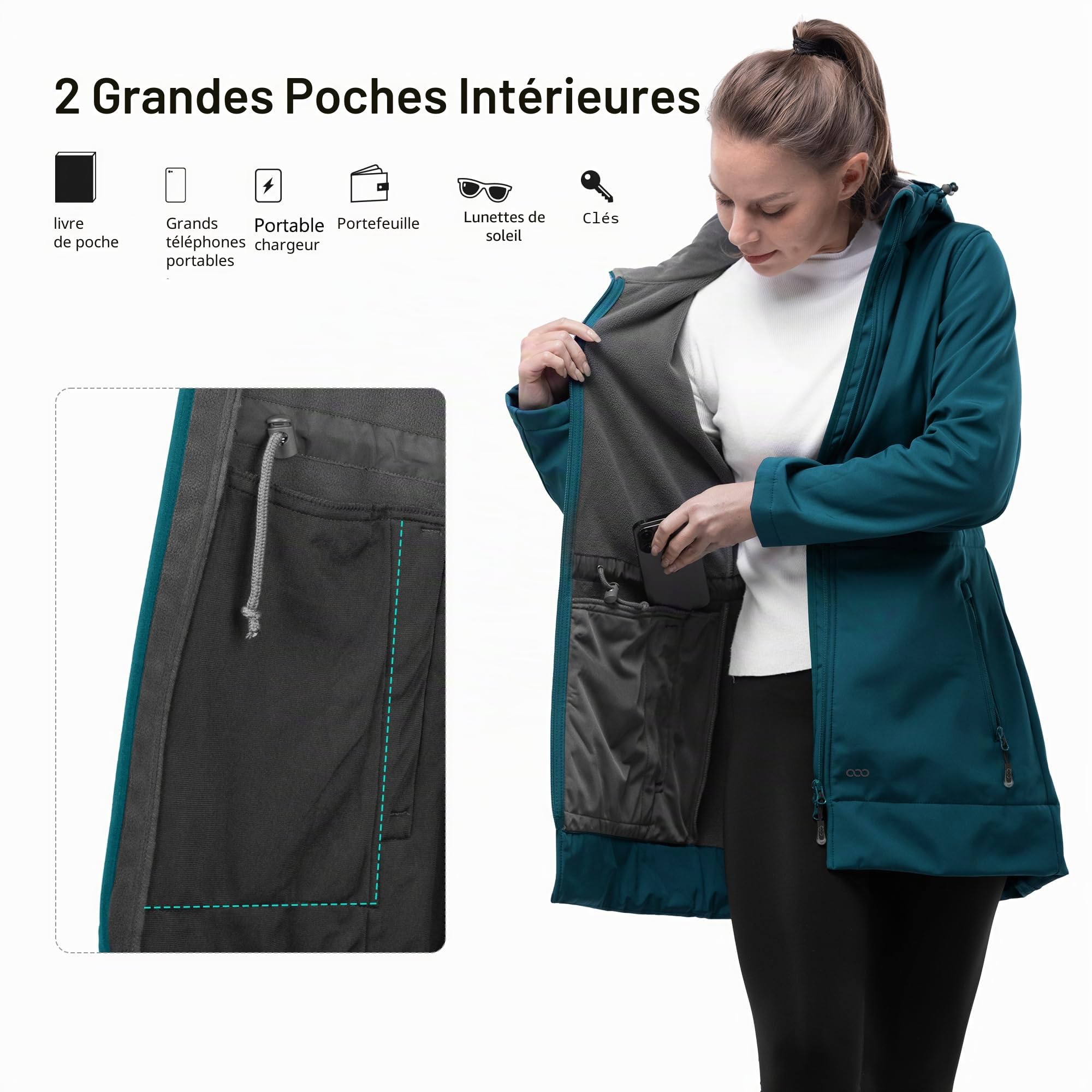 33,000ft Femme Veste Softshell Imperméable Longue Légère Jacket À Capuche Veste de pluie softshell Blouson Coupe Vent pour Activites En Exterieur Course à pied Randonnée Bleu S