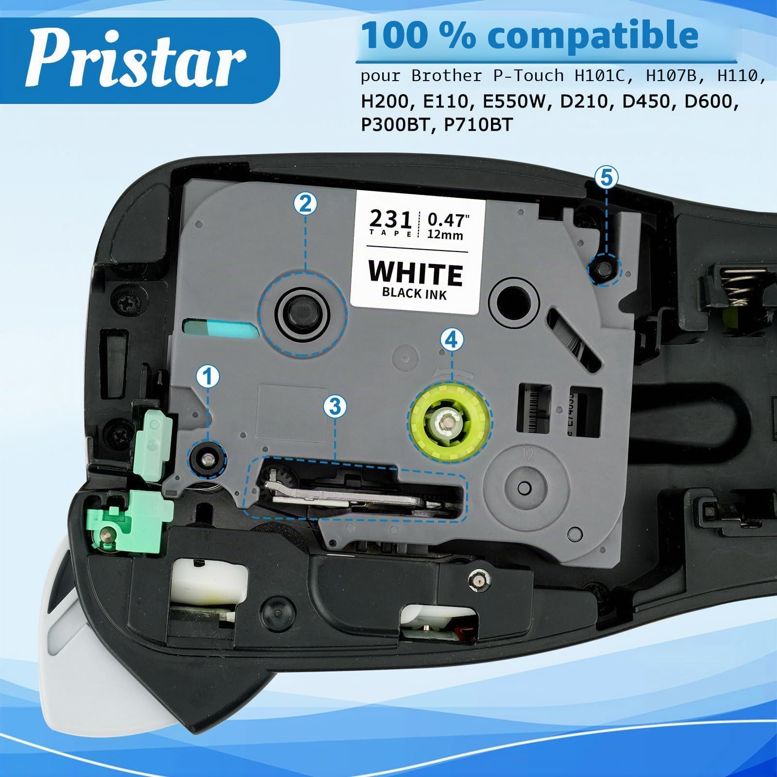 Pristar Brother TZe-231 TZ231 TZ-231 Tze Noir sur Blanc Laminé Cassette 12mm
