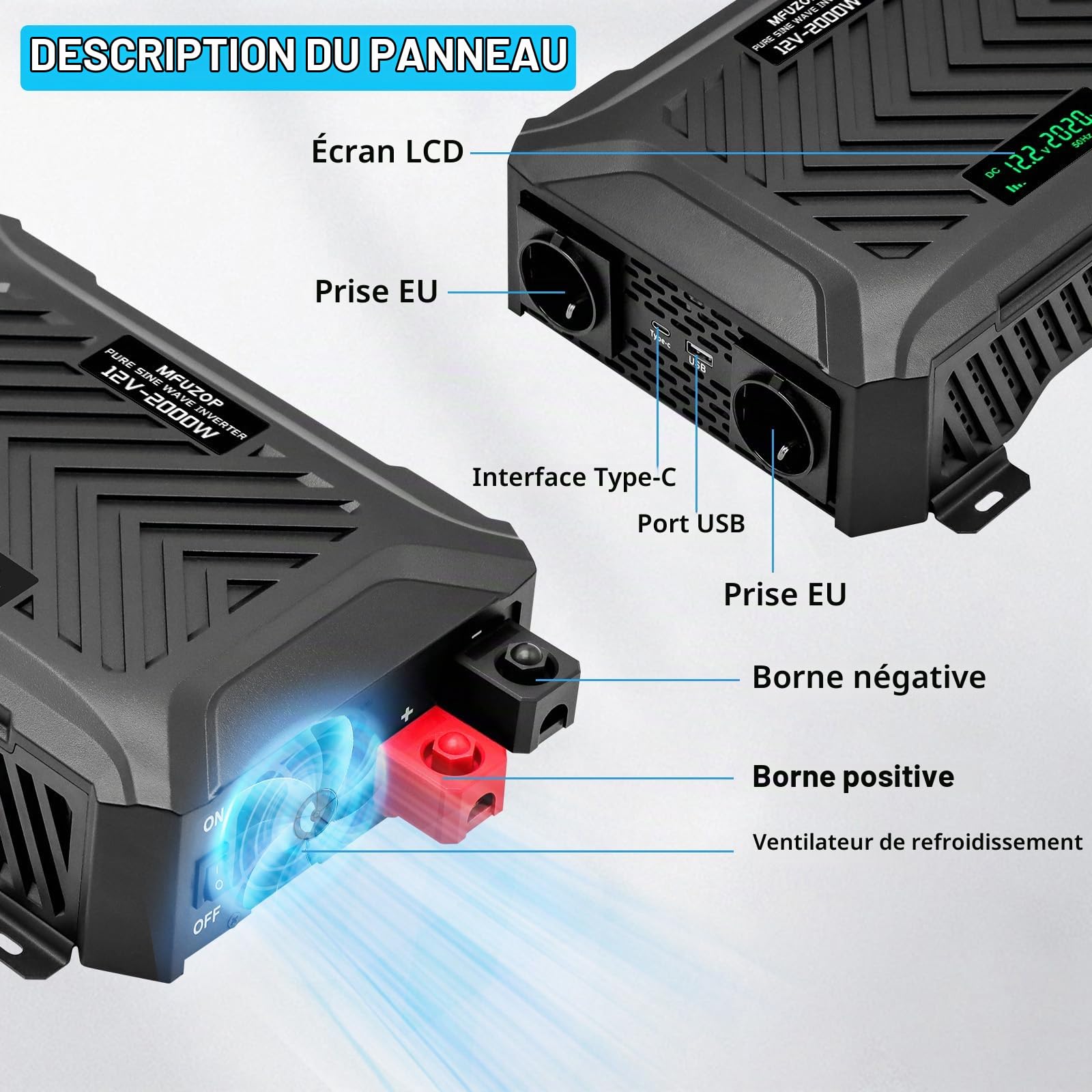 2000W Convertisseur Pur Sinus 12V 220V/230V (4000W Crête), Transformateur avec 2 Prises EU, 1 Type-C, 1 USB 2.1A, Onduleur à Onde Sinusoïdale Pure pour Camping-Car Camion Solaire