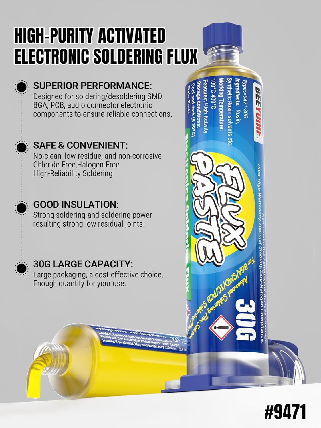 Rosin Paste Soldering Flux, Rosin Based Solder Flux, No Clean Rosin Solder Flux Paste, Good Adhesion for IC SMD Electrical Rework/Repair (30mL Syringe) #9471 by BEEYUIHF