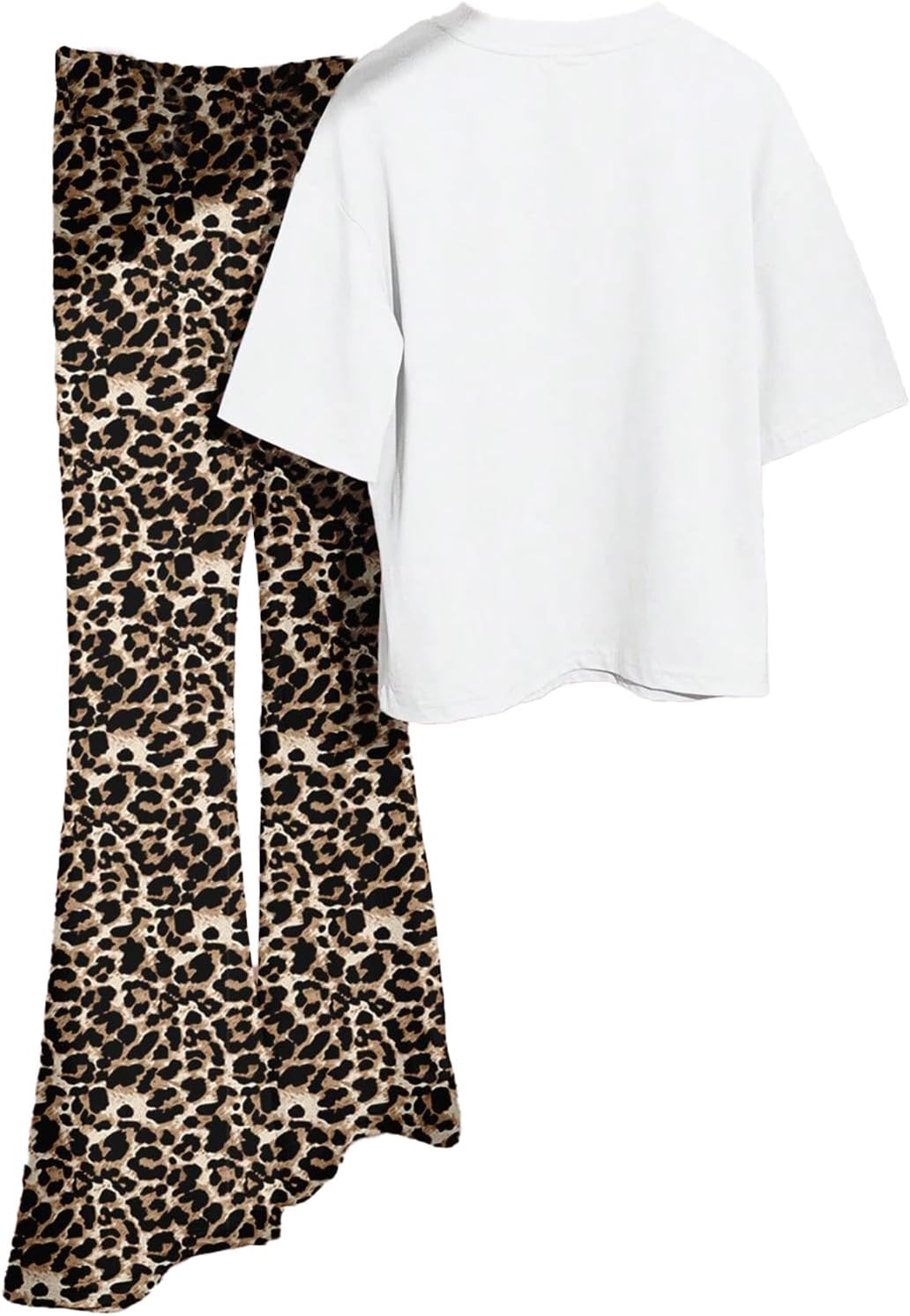 WDIRARA Girl's Leopard Print 2 Piece Outfits Bow Short Sleeve Tee Flared Pants Set - Image 2