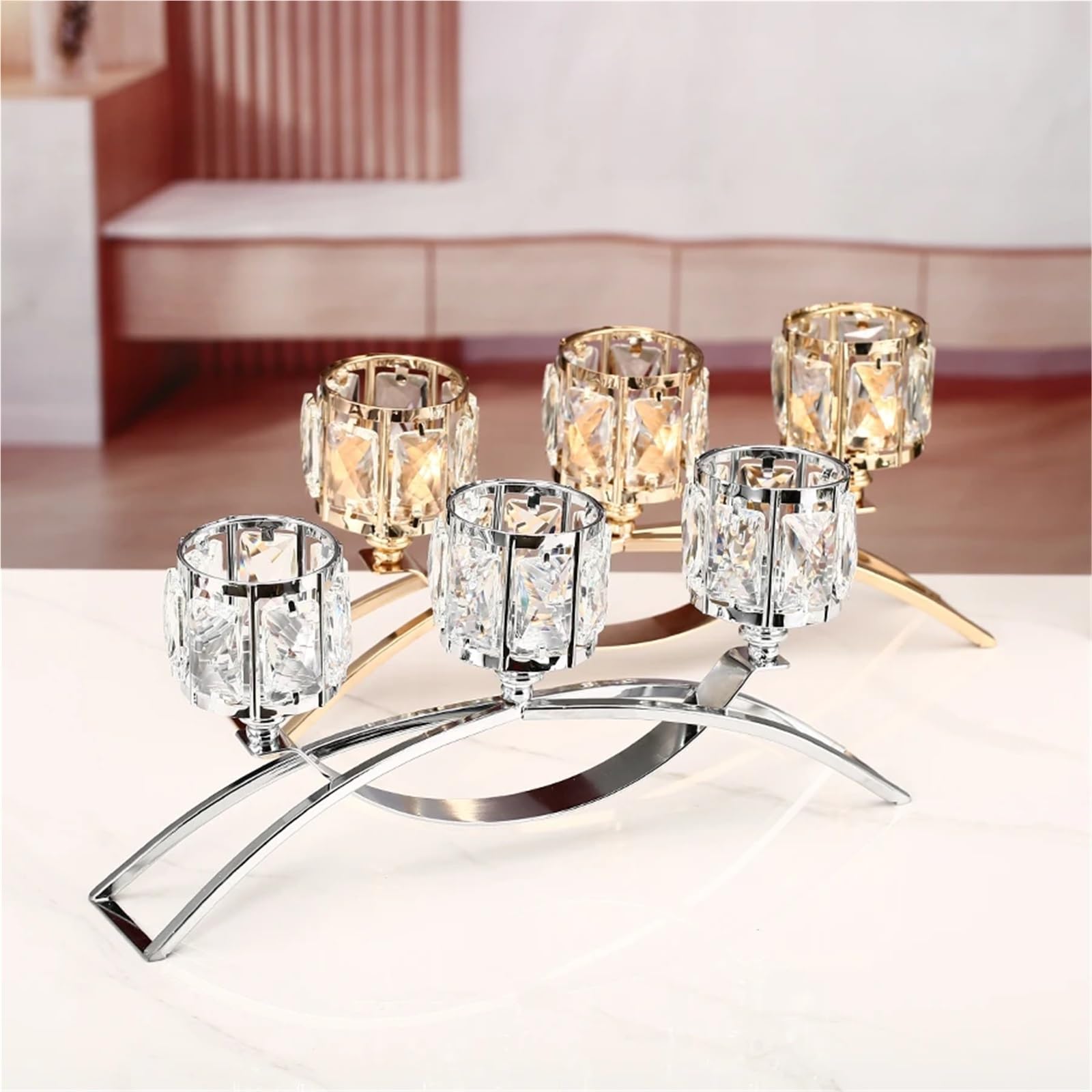Portavelas Candelabros de Cristal de 3 Brazos, 1 Pieza, candelabros de té, Adornos, candelabros, centros de Mesa(Golden)