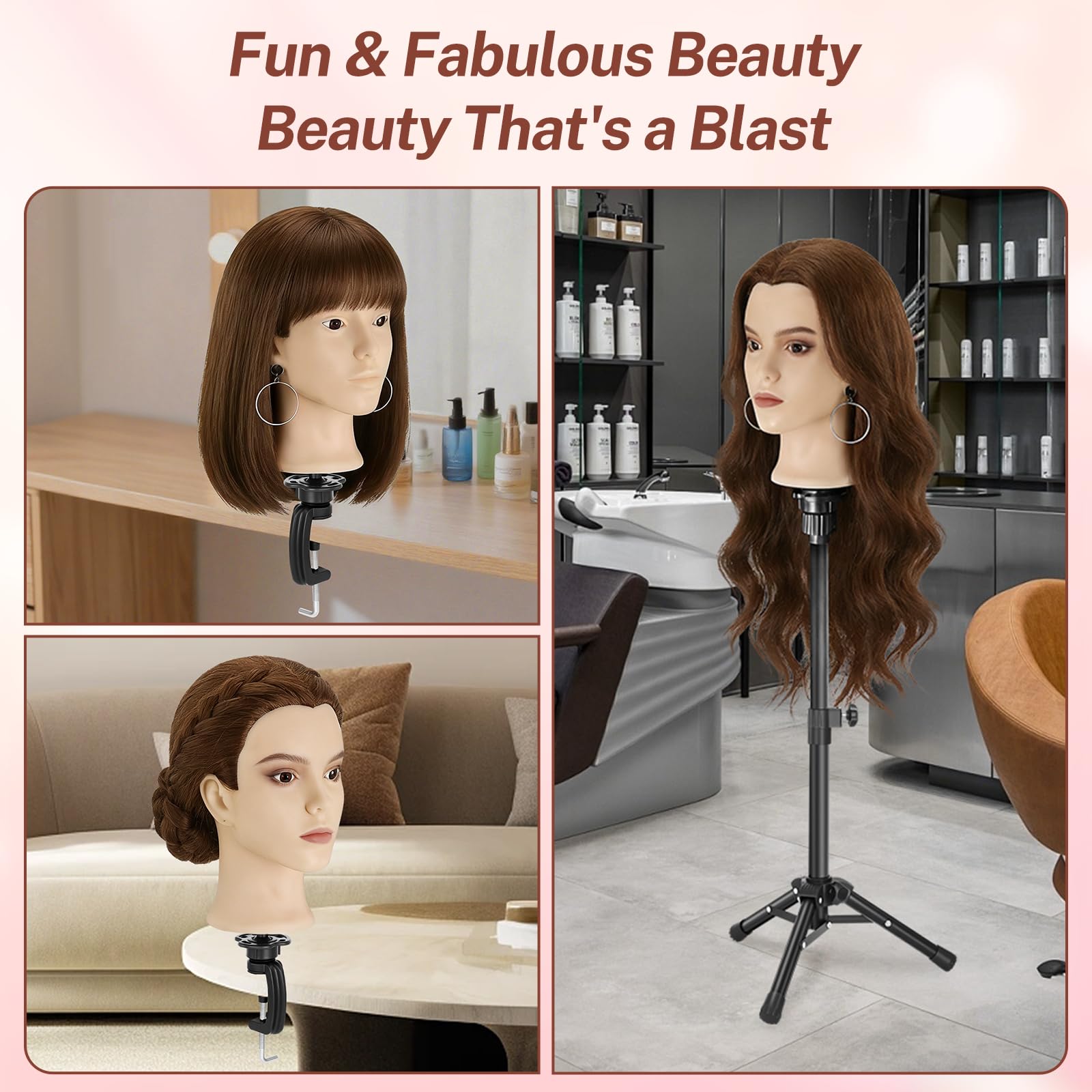 Übungskopf aus 80 % Echthaar, 58,4 cm, Frisierkopf mit Perückenständer, Stativ und Make-up-Funktion und DIY-Haarstyling-Flechtwerkzeugen