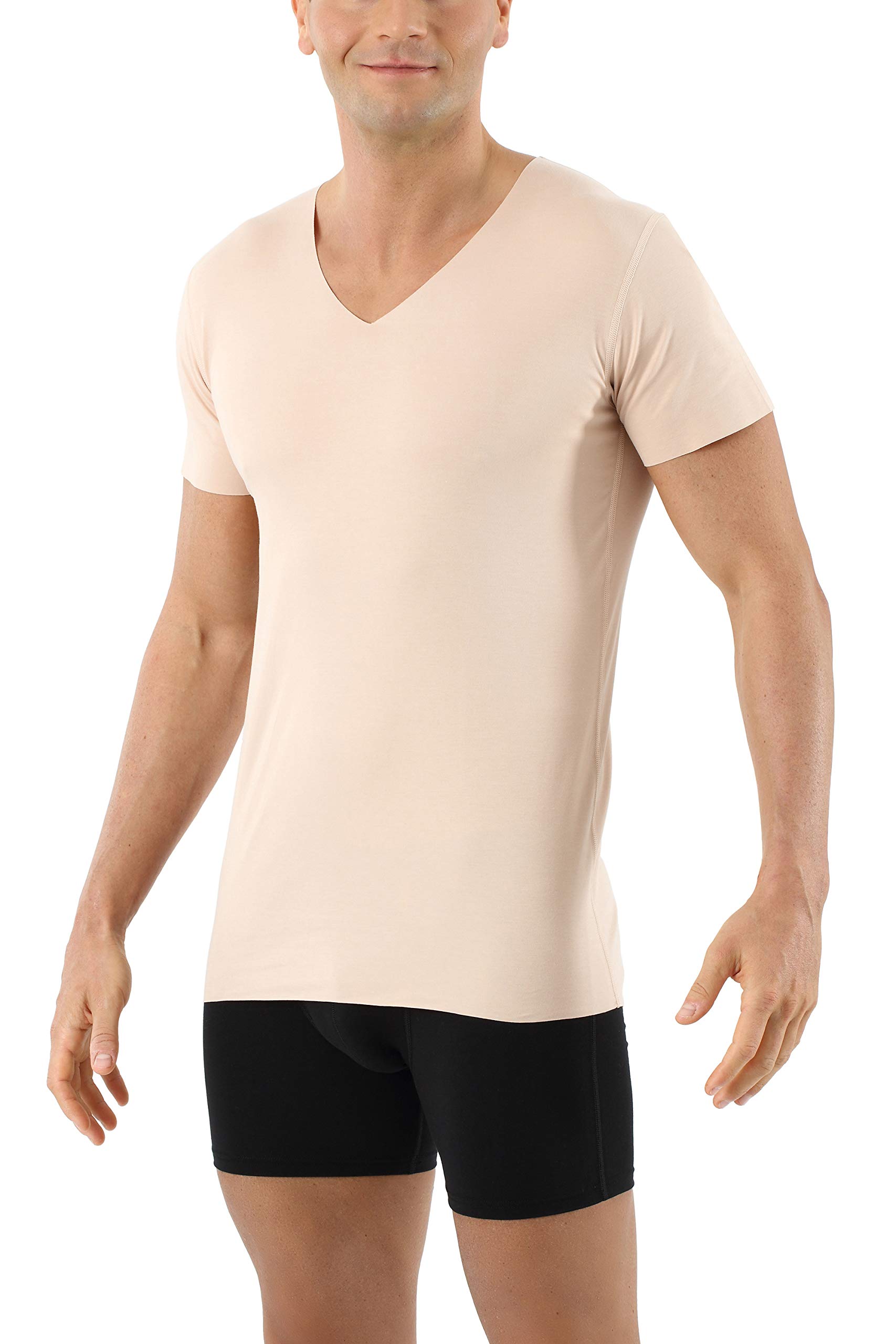 ALBERT KREUZMen's Laser Cut Invisible Seamless v-Neck Undershirt Short Sleeves Stretch Cotton Nude Beige