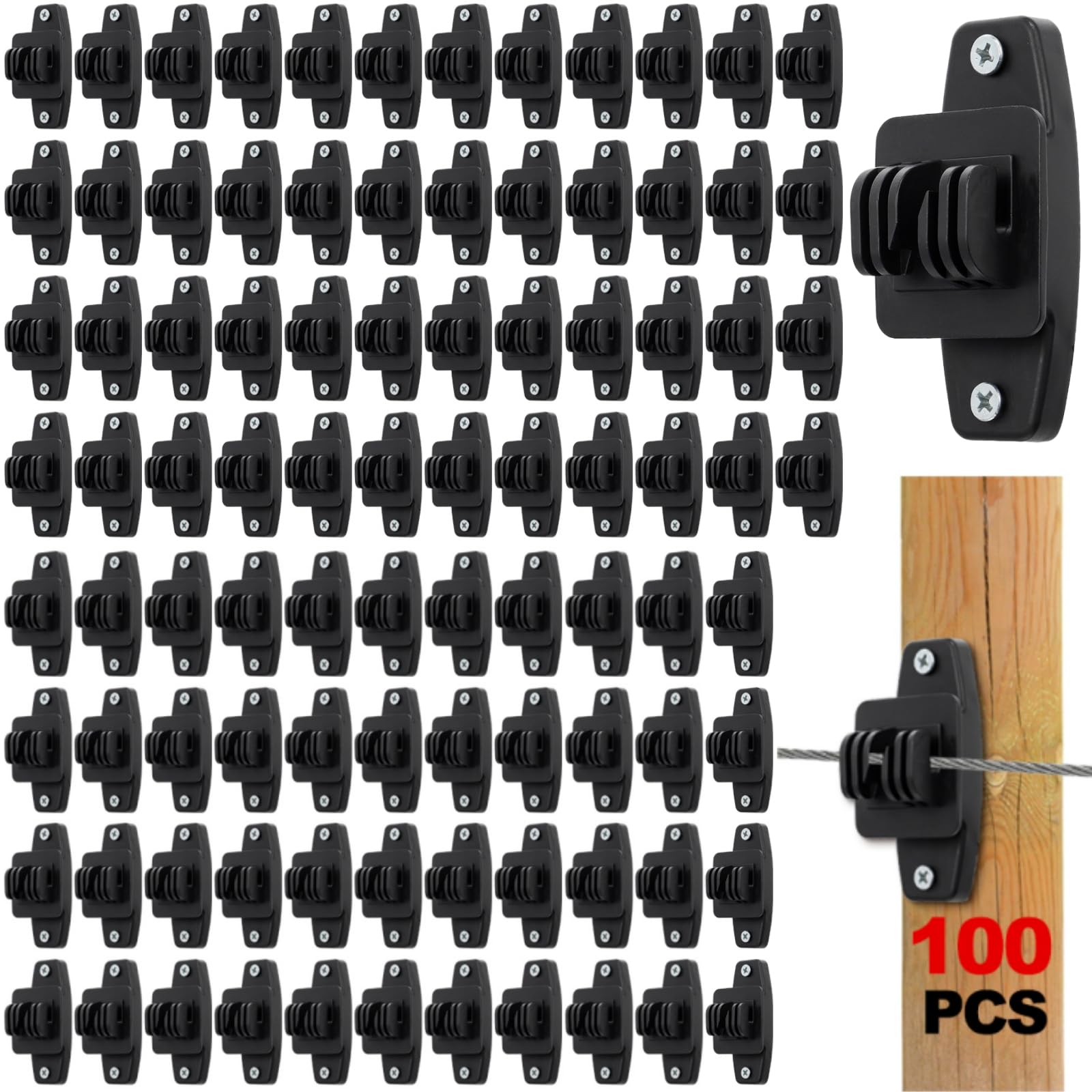 Aisladores de valla eléctrica (100 unidades, madera negra, con tornillos, clavos de madera resistentes para rancho, valla agrícola